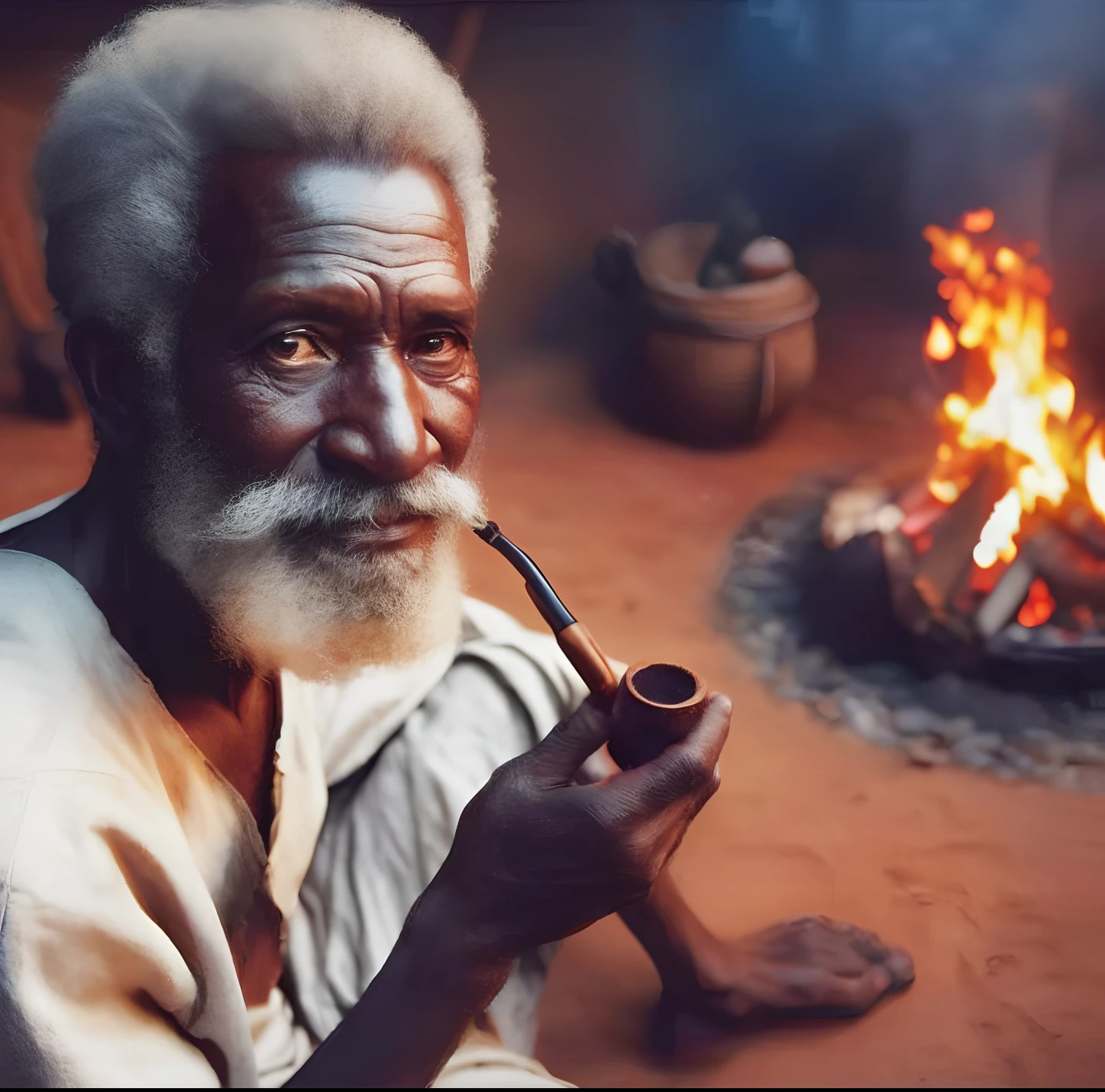 There's a man sitting in front of a fire with a pipe, mago fumar cachimbo, ayahuasca shaman, portrait of bedouin d&d, fumar um cachimbo, Homem africano, Alquimista Steampunk Africano, Wise old man, Imagem absolutamente excepcional, ethiopian, Rezar com tabaco, Directed by: Edwin Georgi, homem bonito, imagem impressionante, Beautiful image, arte deslumbrante,16k, highes definition, rosto detalhado, rosto detalhado, olhos detalhados, terno detalhado, estilo DC, hiper-realista, + Cinematographic shot + dynamic compositing, incrivelmente detalhado, nitidez, detalhes + detalhes soberbos + noite com luz + perfeccionismo + realismo premiado ((soft-lighting))