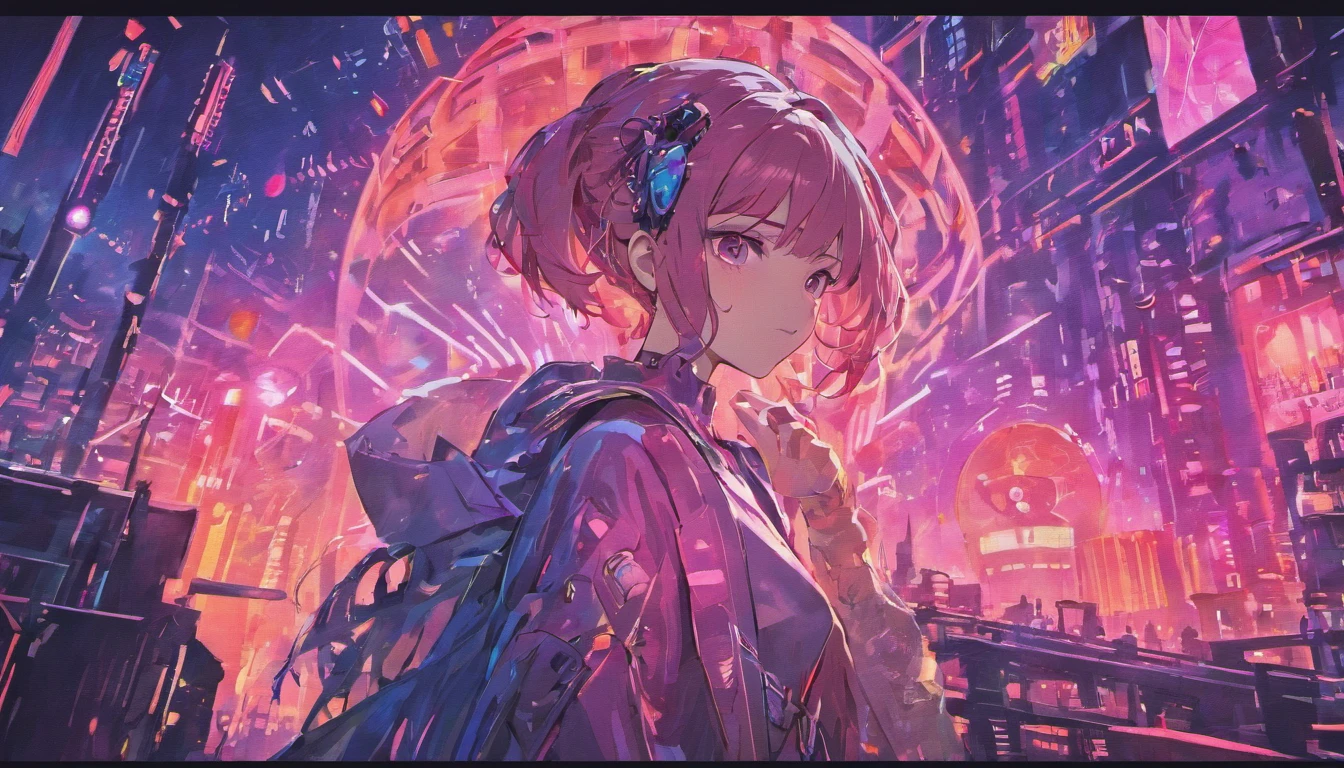 "Immerse yourself in a cyberpunk-inspired game, A world covered in neon lights, I was captivated by the surreal sight of a ring-shaped planet ruling the sky., It's full of captivating digital artistry.."