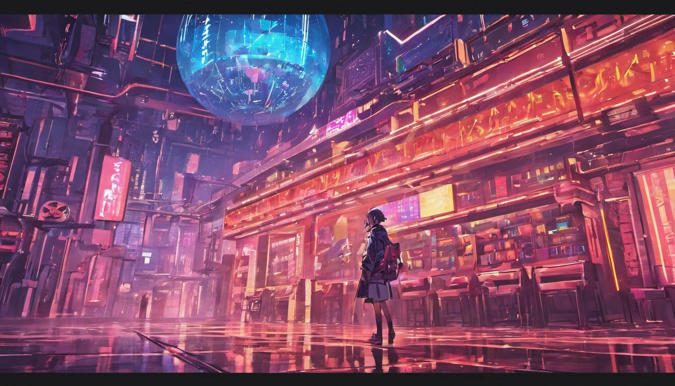 "Immerse yourself in a cyberpunk-inspired game, A world covered in neon lights, I was captivated by the surreal sight of a ring-shaped planet ruling the sky., It's full of captivating digital artistry.."