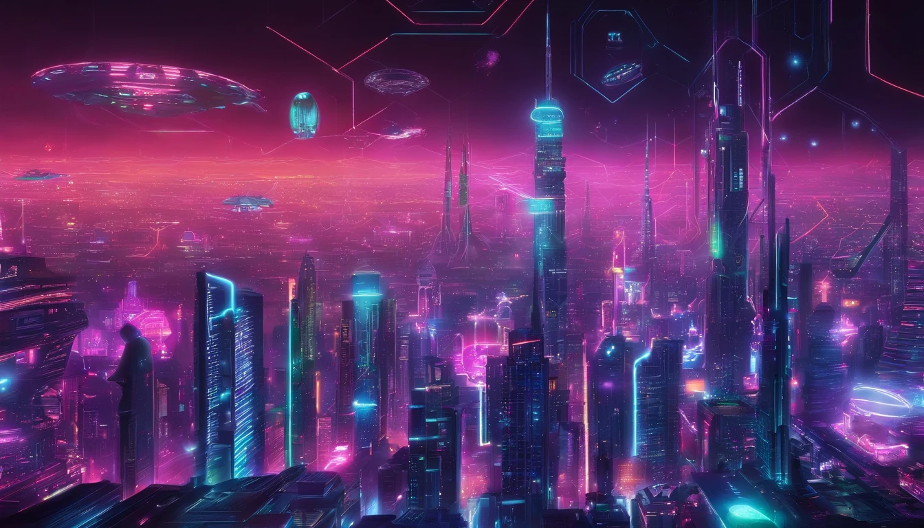 Neon-lit cityscape at night, It shows a futuristic metropolis bustling with activities.. The building is decorated with dazzling LED displays, Futuristic transportation systems glide above., And AI-controlled drones take to the skies.
