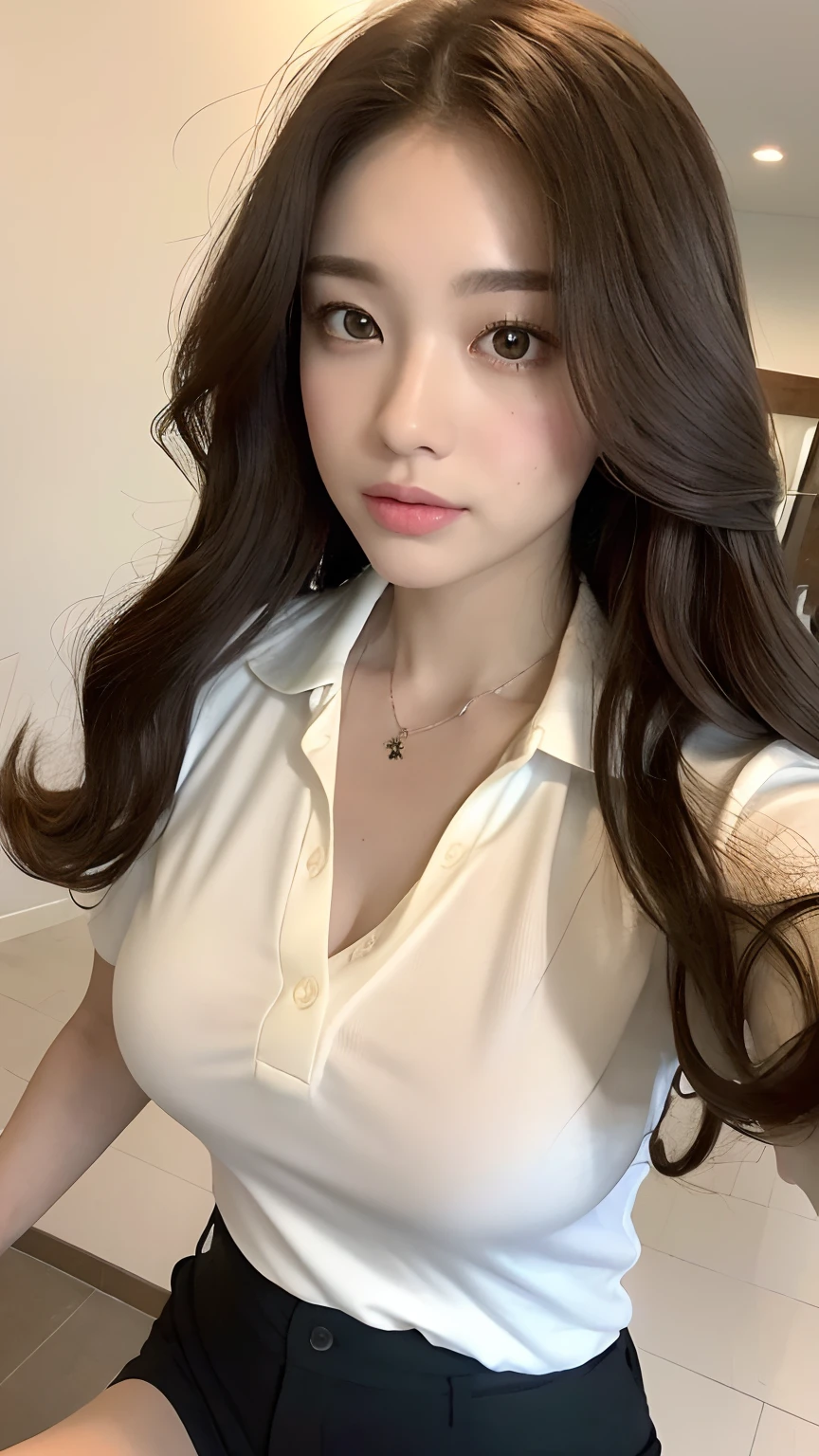 ((best qualtiy, 8K, tmasterpiece:1.3)), Focus:1.2, perfect figure beautiful woman:1.4, Cocked buttocks:1.2, ((Random Long Hairstyle In Big Curls) ((Brown BIg Wavy Hair))（Long white legs：1.3，(Polo shirt:1.2) , (inside in room: 1.2), Highly detailed facial and skin texture, A detailed eye, 二重まぶた，Whiten skin，（Straight big breasts：1.3), looking at camera, Wear a necklace，