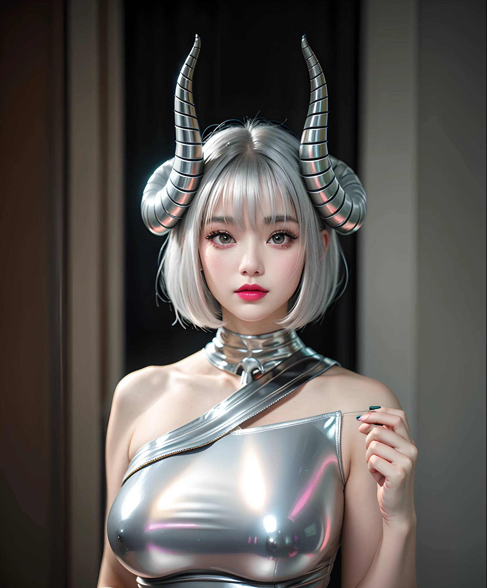 NSFW, (Silver horn, Silver hair, Futuristic shiny silver bodysuit)、8K、top-quality、masterpiece、超A high resolution、(Photorealsitic:1.4)、Raw foto、(Authentic skin texture:1.3)、(film grains:1.3)、(Selfie angle)、1girl in、beautiful detailed eyes and face、masterpiece、top-quality、a closeup、Upper body、Makeup in the 1950s、heavy eye makeup、deadpan、Light pink lipstick, F/2.8, 135 mm, NIKON, tits out, F/2.8, 135 mm, NIKON, nffsw, retinas, ccurate, Anatomically correct, Textured skin, Super Detail, high details, High quality, Best Quality, hight resolution, 1080p, hard disk, 4K,