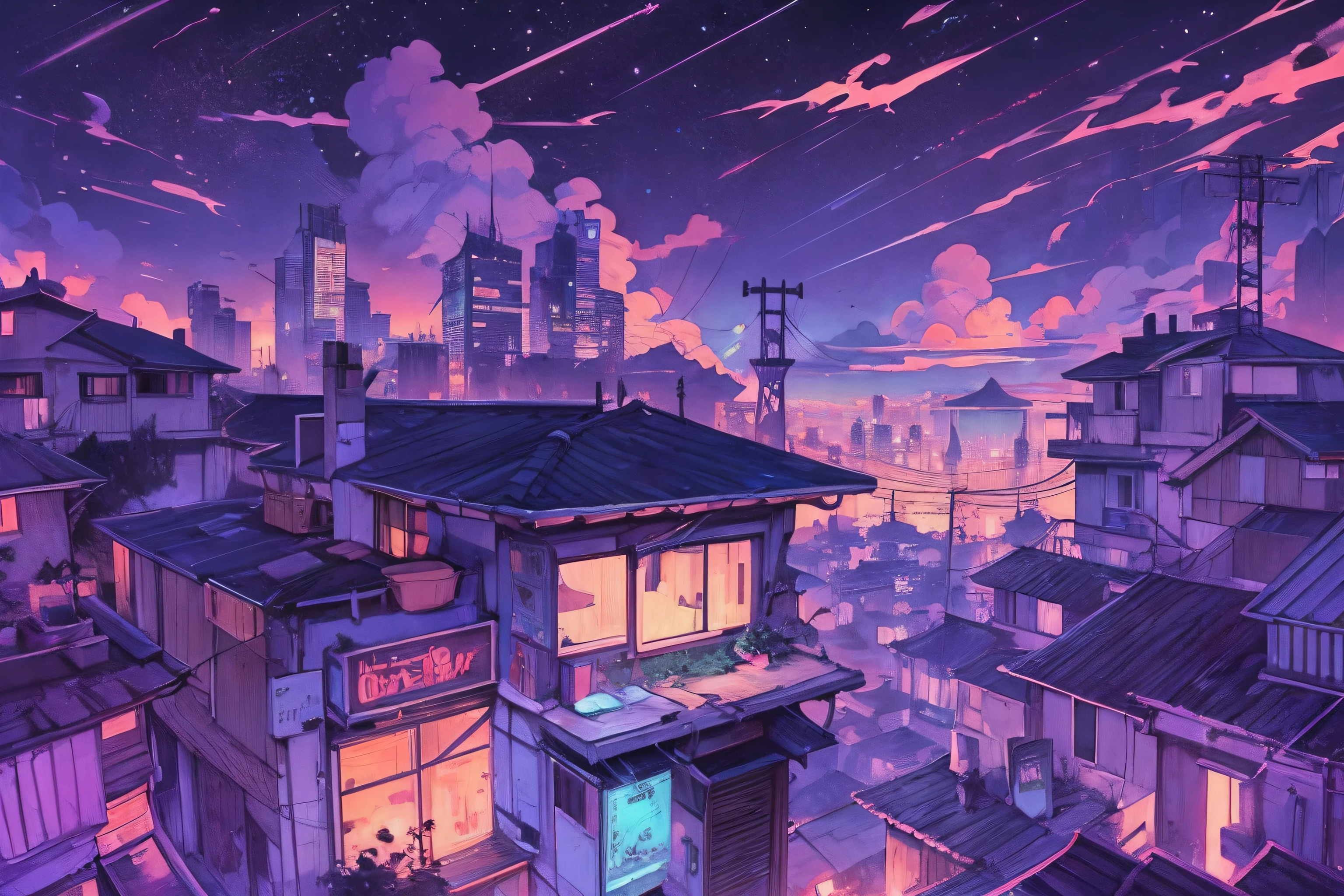 (Lofi), A girl sitting on the rooftop of an old house,low life , peaceful, Lo-fi image, retro, flat , 2.5 d , intricate eyes drawing, detailed anatomy, insane perspective,fish eyes lens, night lights, neons, rooftop view, neon cityscape, beautiful colorful luminous night sky, stars and galaxies ,analog color theme, fantasy , minimalist, line art, ink drawing, big weight ink line, watercolor, goauche color, studio Ghibli style, awesome colorful, outurn, synthwave, lofi art,90s style,nogalas old texture, amplitude,90's atmosphere,nostalgia, analog effects, masterpiece, massive skills,