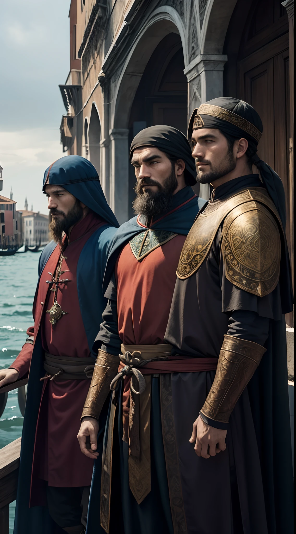 Three venice man, marco polo and two other people , adventurer,13th century,epic , dark background