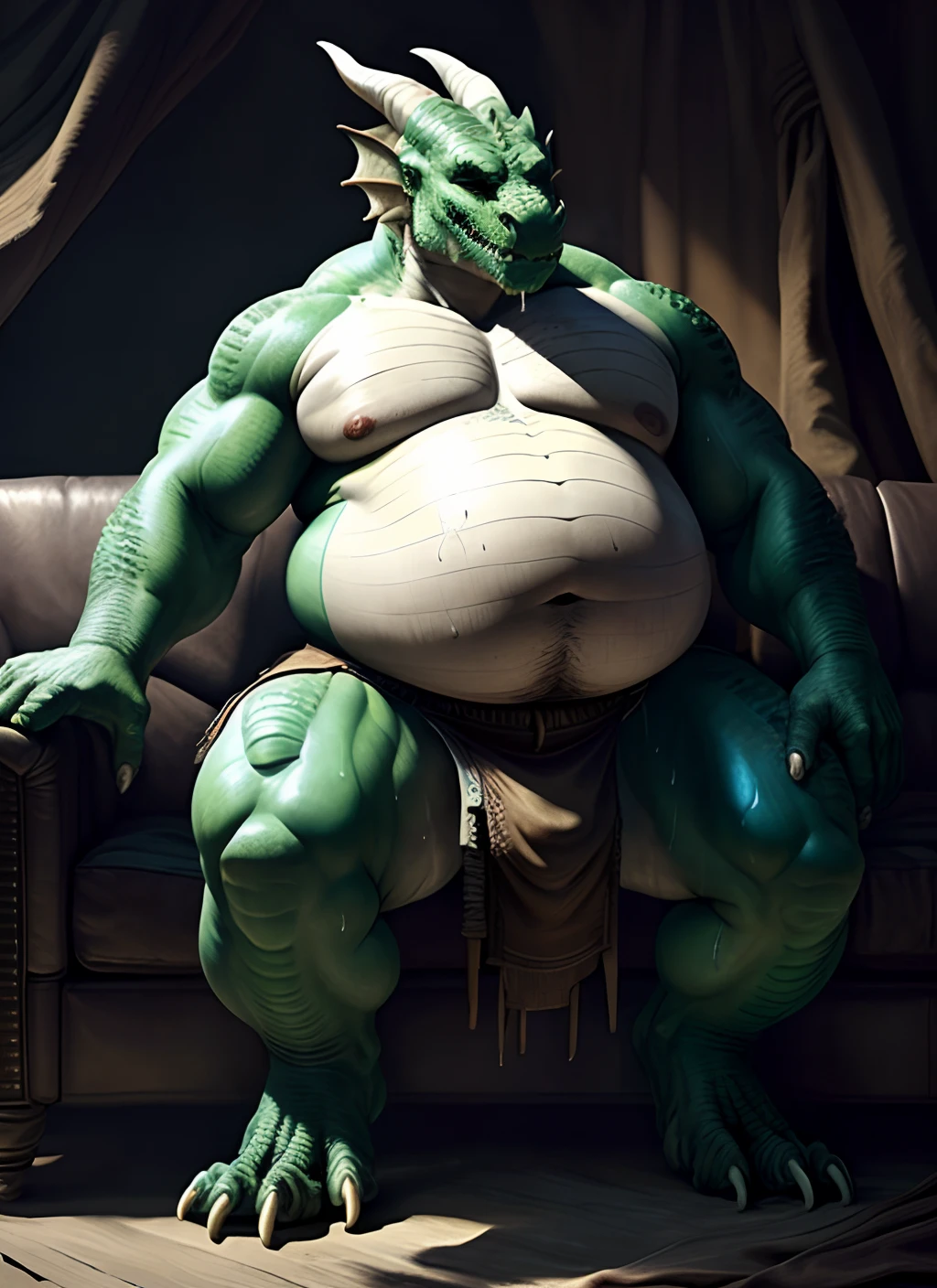sweat drops, photography, (cool posing:1.1025), smooth skin, ultra realism shading, anthro, green, dragon, photorealistic, , suggestive, (rembrandt:1.1025), huge moobs, fat ass, (loincloth:1.05), big waist, obese hunk, nsfw, on a couch, white belly, tail, huge belly, slob