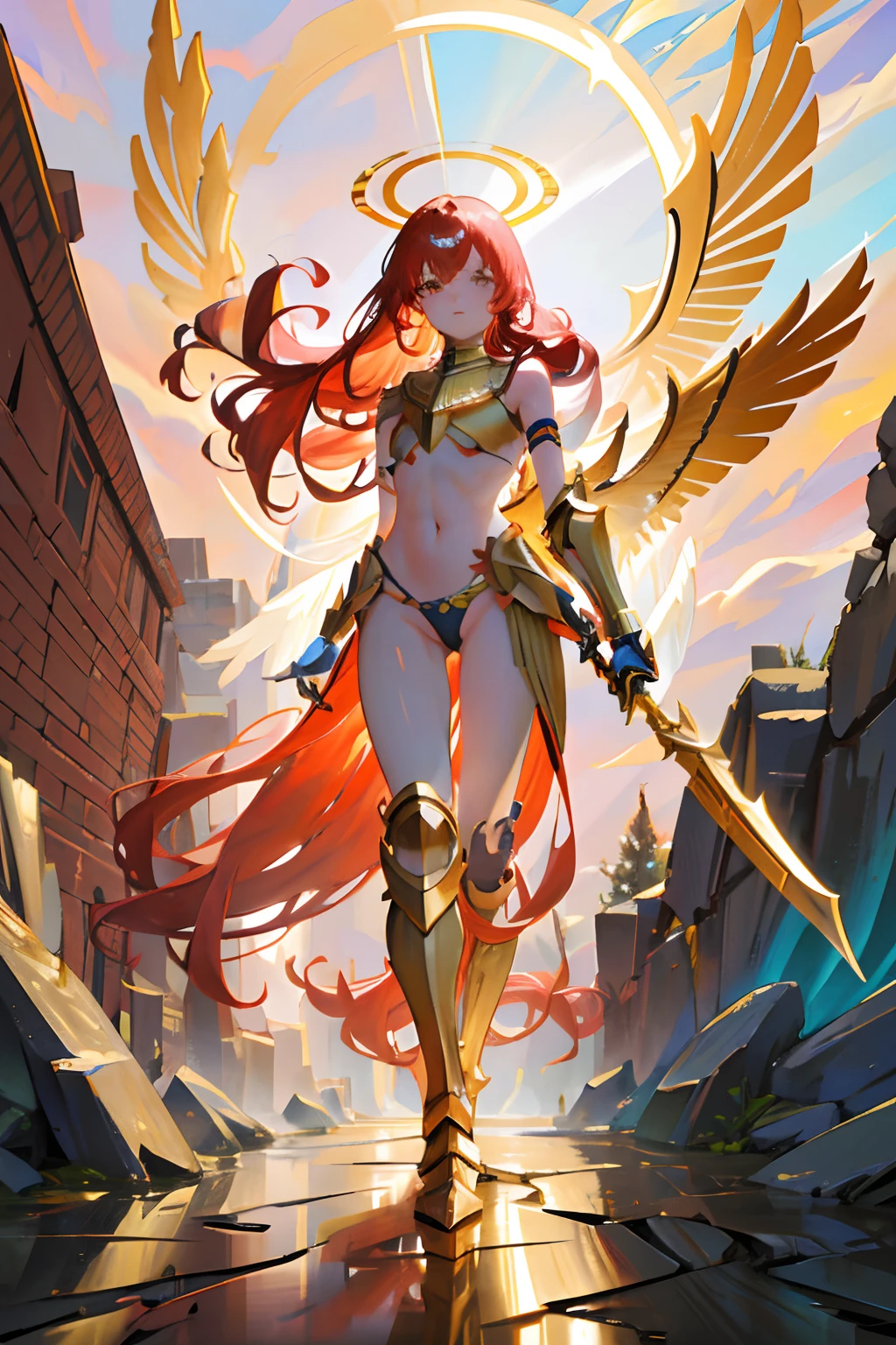 (masterpiece), (high quality) , (4k), inside of cave background ,(vivid colors), beautiful face, anime styled face, anime styled body, detailed vivid colors in background, full body, nude, (anatomically correct), small breast, golden winged breastplate armor, (golder armored breastplate) golden armored thong, torn feathered cloak waving in wind, petite body, nice legs, long red flowing hair to back, Valkyrie helmet, golden prosthetic left arm, golden naginata in left hand, standing in puddles,