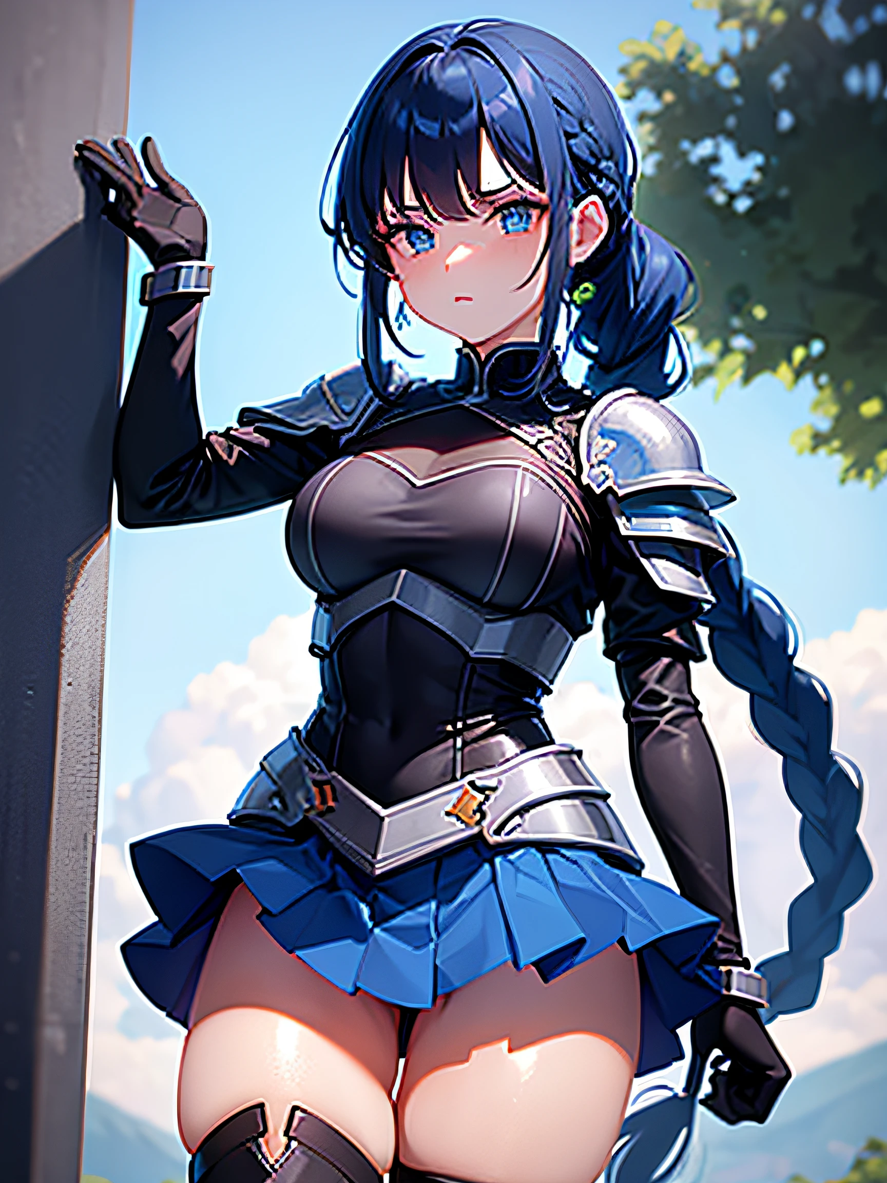 1girl, solo, dark blue hair, beautiful and illustrious hair, braided ponytail hairstyle, sky blue eyes, wearing steel armor, skirt, thigh-high socks, metallic boots, grassy field, masterpiece, high res, absurd res, anime, fantasy, colorful, best quality, 8k, potrait