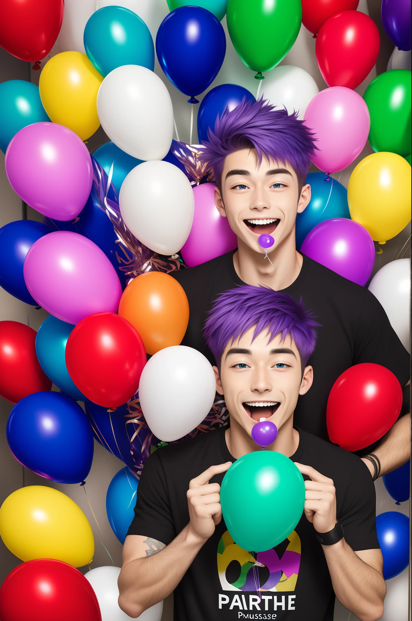 ((masutepiece)), of the highest quality, masutepiece, Man's, 20 years old, Purple hair, Short hair, Green eyes, Red Jersey, (((Smile with mouth wide open))), ((looking at me)), Party Popper, Balloons, gifts, Play games, Birthday, celebration,