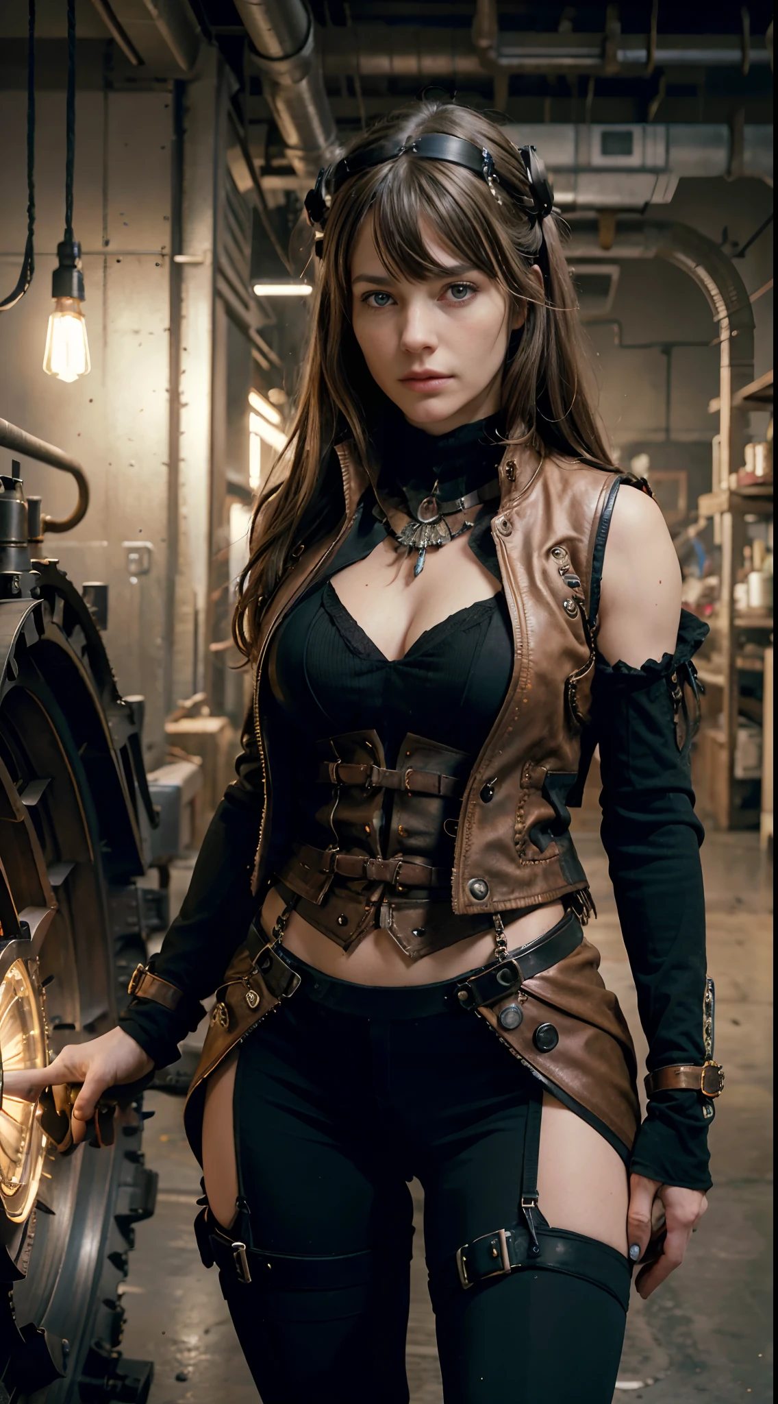 40 years old, woman,  (absurdres, highres, ultra detailed), 1woman, mature female, aged up, wavy long hair, split-color hair, heterochromia, bangs, long sleeves, finely detailed eyes and detailed face, extremely detailed CG unity 8k wallpaper, intricate details, (style-rustmagic:0.8), (medieval cyborg:0.8), portrait, (bloody wounds:0.7), looking at viewer, solo, half shot, detailed background, (steampunk theme:1.1) determined expression, dark couds technomancer, floating lights, color leather vest with gears, techwear, jetpack, workshop in background, machines, gears, steam, industry, technology, furnace, grime, anvil, buttons, levers, automaton, electricity, electric sparks epic atmosphere,, portrait(very marked cameltoe), professional photograph,
best quality, detailed