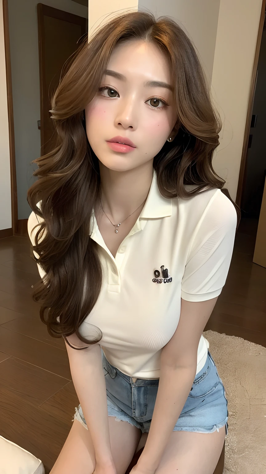 ((best qualtiy, 8K, tmasterpiece:1.3)), Focus:1.2, perfect figure beautiful woman:1.4, Cocked buttocks:1.2, ((Random Long Thick Hairstyle) ((Brown Wavy Hair In Big Curls))(Long white legs:1.3,(Polo shirt With Shorts:1.2) , (inside in room: 1.2), Highly detailed facial and skin texture, A detailed eye, 二重まぶた,Whiten skin,(Straight big breasts:1.3), looking at camera, Wear a necklace,