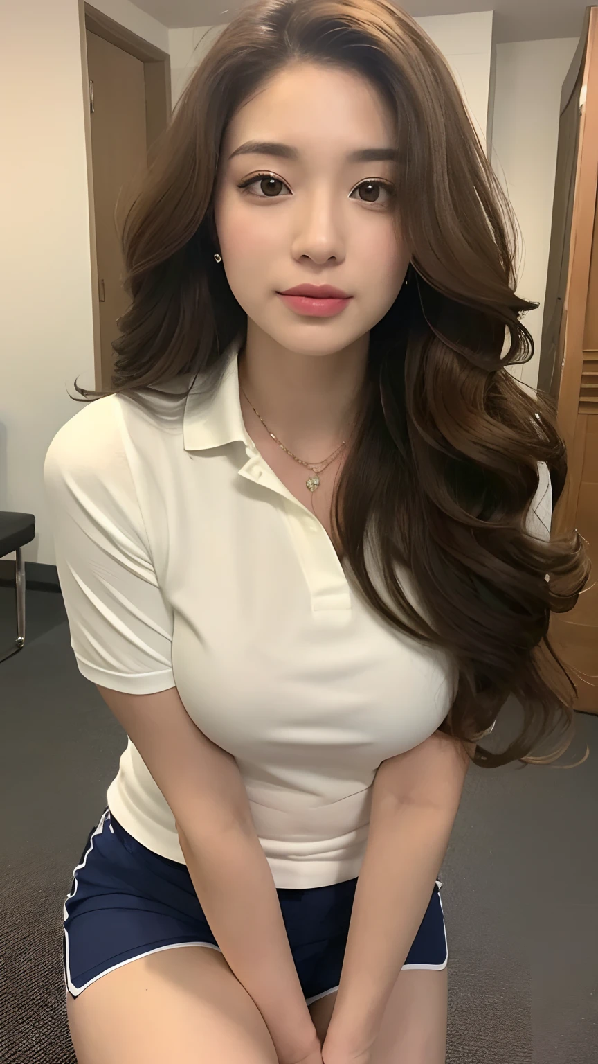 ((best qualtiy, 8K, tmasterpiece:1.3)), Focus:1.2, ((Office Worker)) ((Perfect figure Beautiful Woman: 1.4)), ((Random Diva Hairstyle) ((Brown Wavy Hair In Big Curls))(Long white legs:1.3,(Polo Shirt With Shorts Outfit :1.2) , (inside in room: 1.2), Highly detailed facial and skin texture, A detailed eye, 二重まぶた,Whiten skin((Straight big breasts:1.3), looking at camera, Wear a necklace,