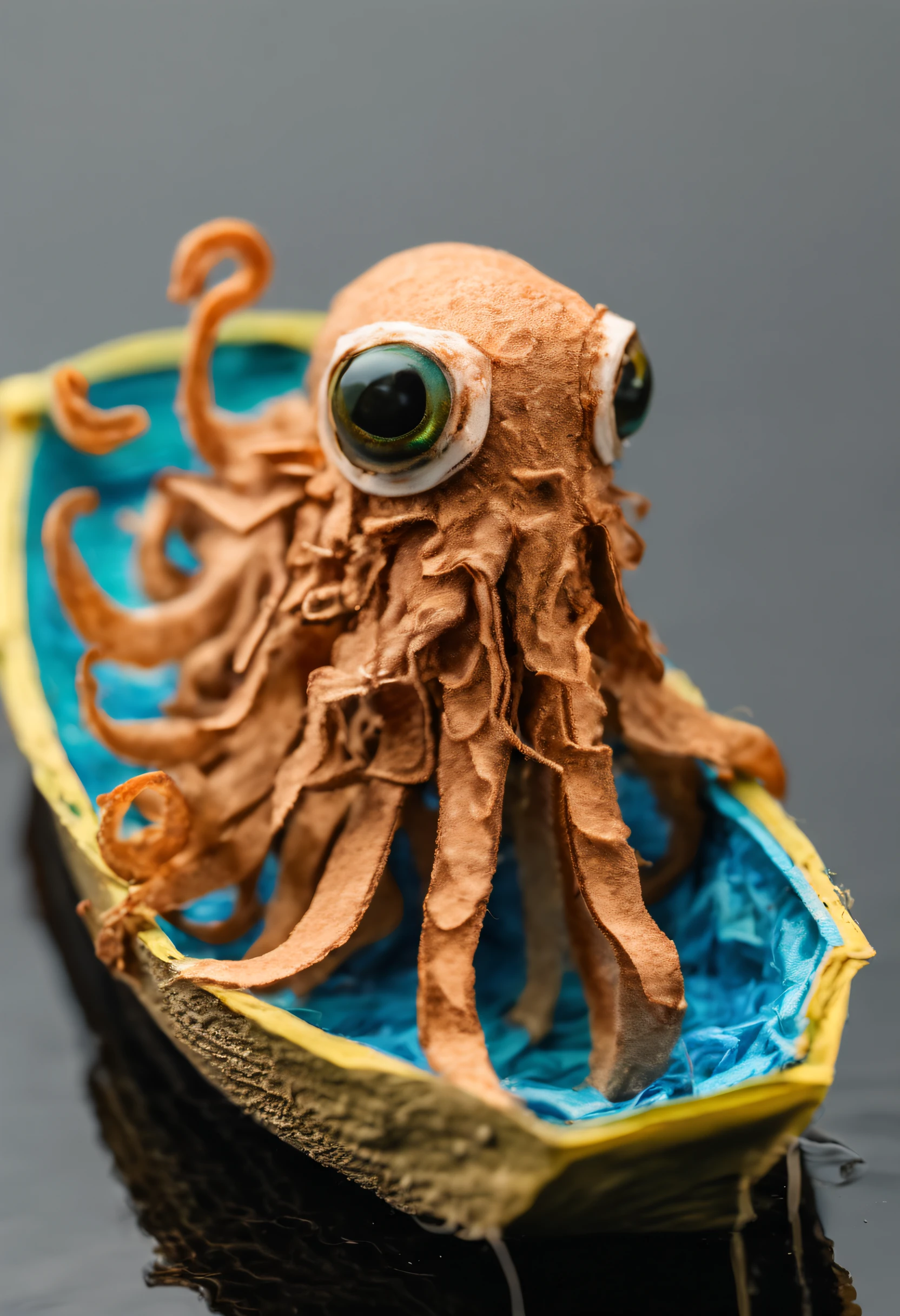 Macro Photography a squid made of toilete paper roll, tprc style, in a boat, clorfull, masterpice, 8k,,, Macro Photography, often for close-up views, small subjects, or detailed examination.