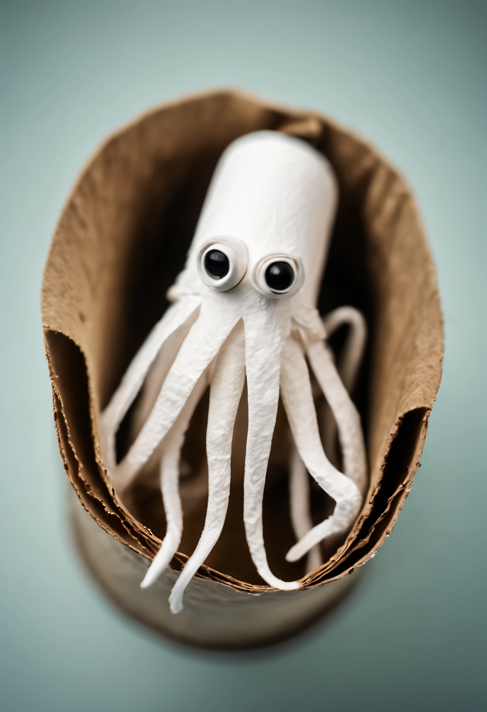 Macro Photography a squid made of toilete paper roll, tprc style, in a boat, clorfull, masterpice, 8k,,, Macro Photography, often for close-up views, small subjects, or detailed examination.