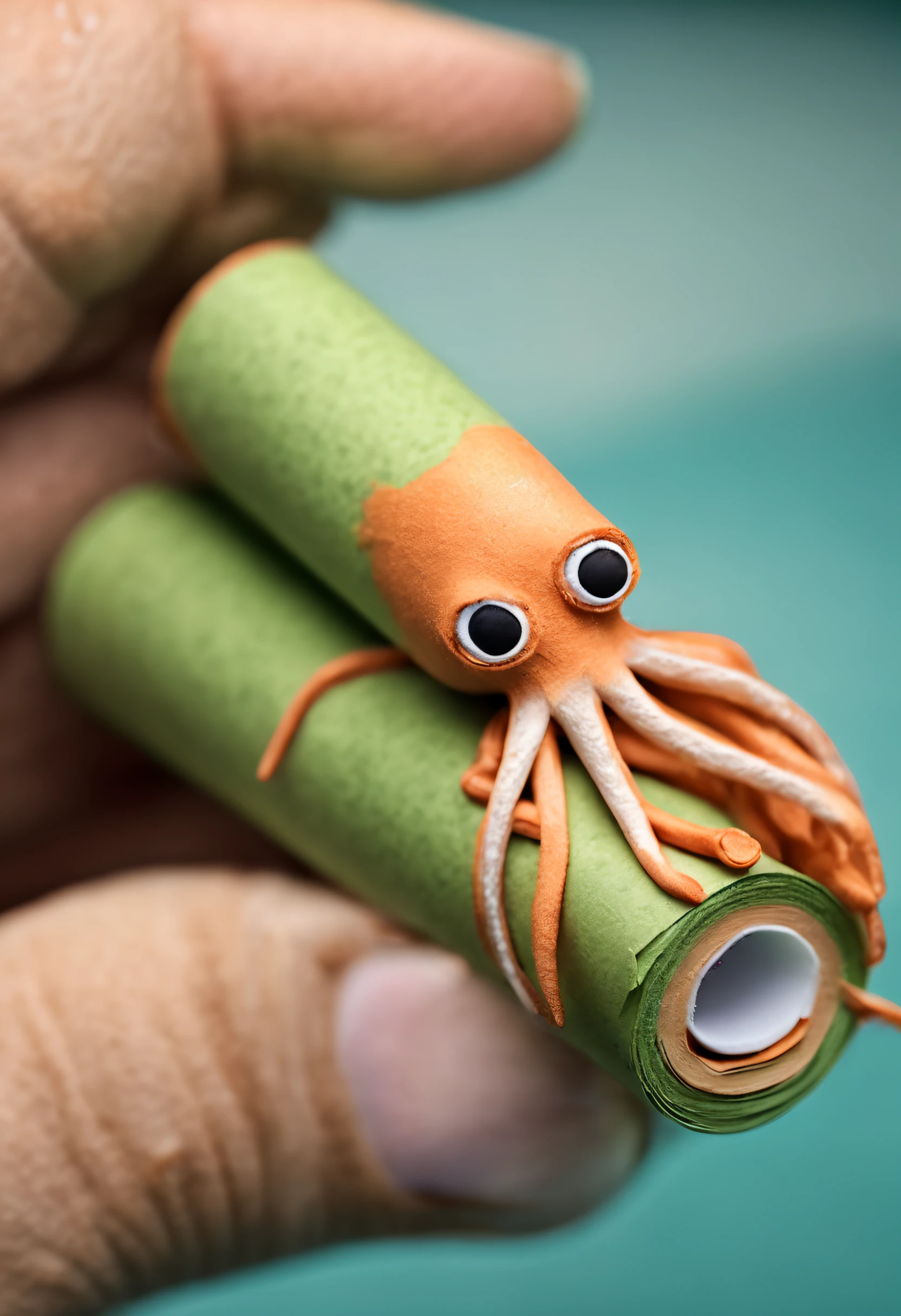 Macro Photography a squid made of toilete paper roll, tprc style, in a boat, clorfull, masterpice, 8k,,, Macro Photography, often for close-up views, small subjects, or detailed examination.