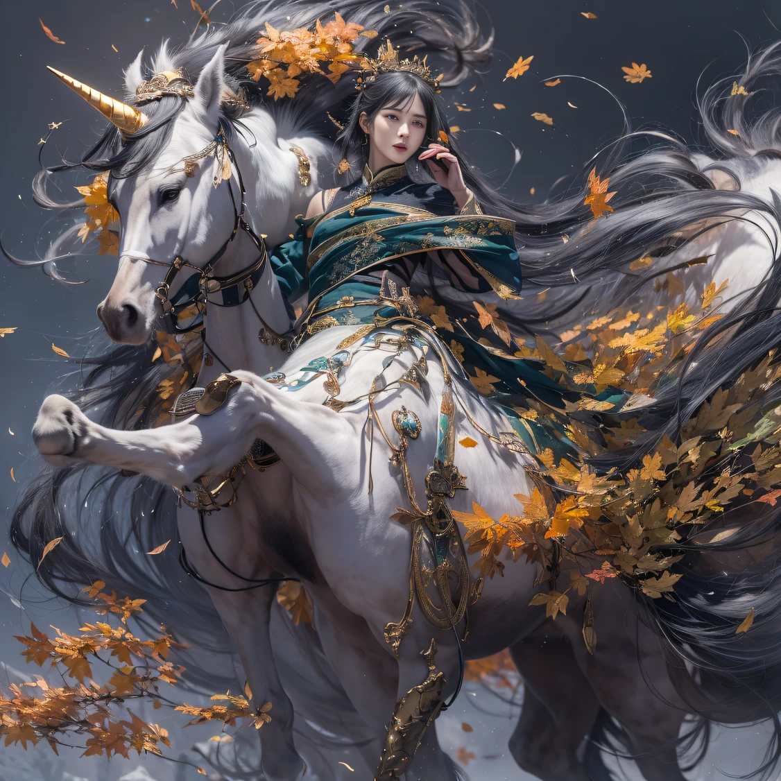 32K(tmasterpiece,k hd,hyper HD,16k)Flowing short hair,Backroom pond,zydink, a color, Asian people (A unicorn), (Silk scarf), Combat posture, looking at viewert, Glossy black floating hair, Hanfu, Chinese clothes, longer sleeves, (abstract ink splash:1.2), white backgrounid,Horse unicorn beast(realisticlying:1.4),Fallen leaves flutter,The background is pure, A high resolution, the detail, RAW photogr, Sharp Re, Nikon D850 Film Stock Photo by Jefferies Lee 4 Kodak Portra 400 Camera F1.6 shots, Rich colors, ultra-realistic vivid textures, Dramatic lighting, Unreal Engine Art Station Trend, cinestir 800,