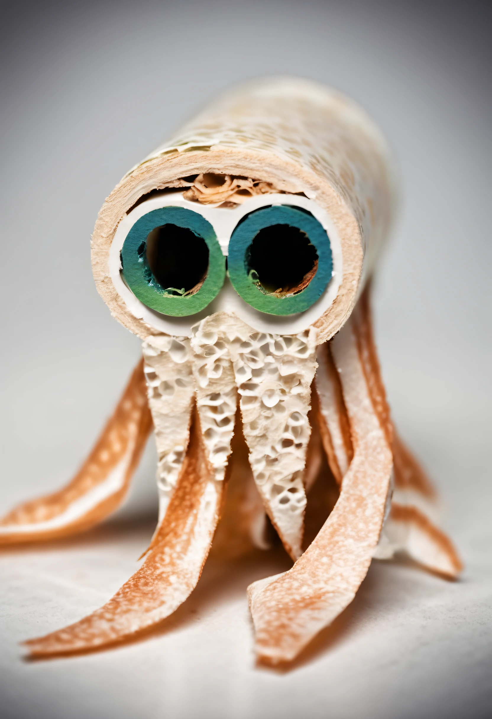Macro Photography a squid made of toilete paper roll, tprc style, in a boat, clorfull, masterpice, 8k,,, Macro Photography, often for close-up views, small subjects, or detailed examination.