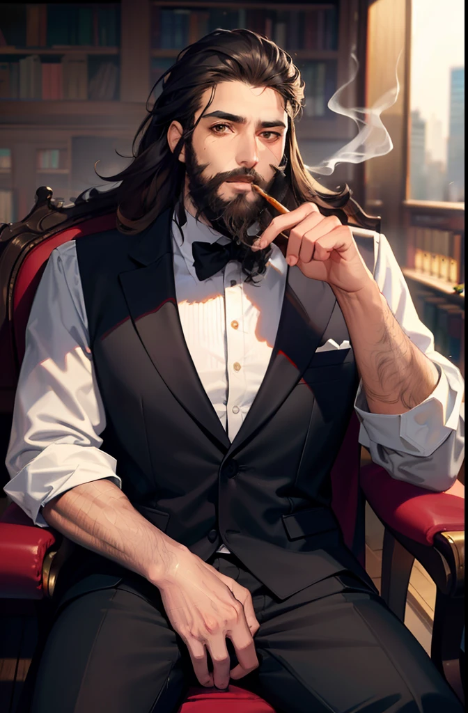 masterpiece, a man with full beard, brown eyes, sitting on a chair in a library, smoking cigar, looking at viewer