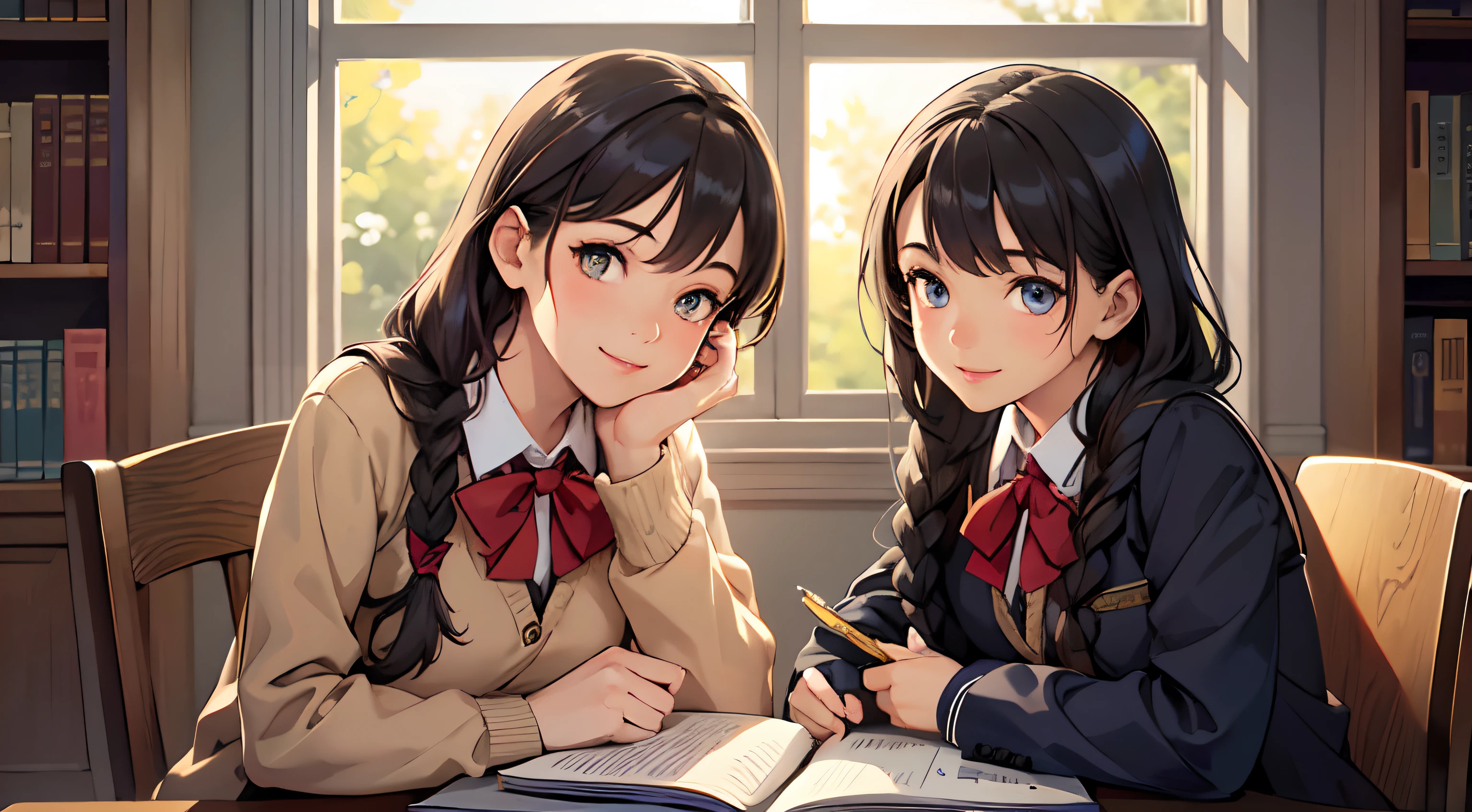 beautiful detailed eyes, charming smile, long braided hair, school uniform, sitting at a desk, holding a pen, surrounded by books and notebooks, sunlight streaming through the window, vibrant colors, realistic style, soft lighting, cheerful atmosphere. (best quality, realistic, portraits, vivid colors, soft lighting)