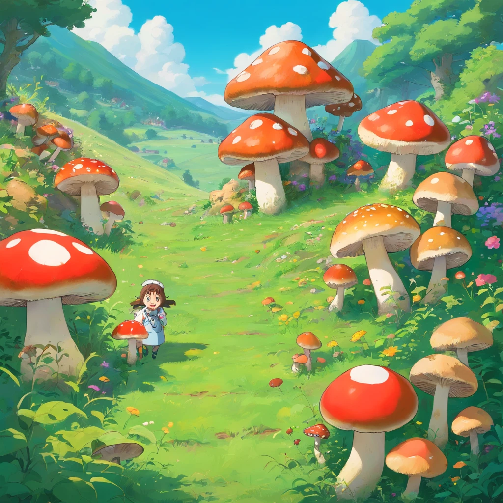 The flat green meadows are covered with mushrooms，Some mushrooms have donuts on them，Some have cookies，Some have seven-star ladybugs，Some have caterpillars