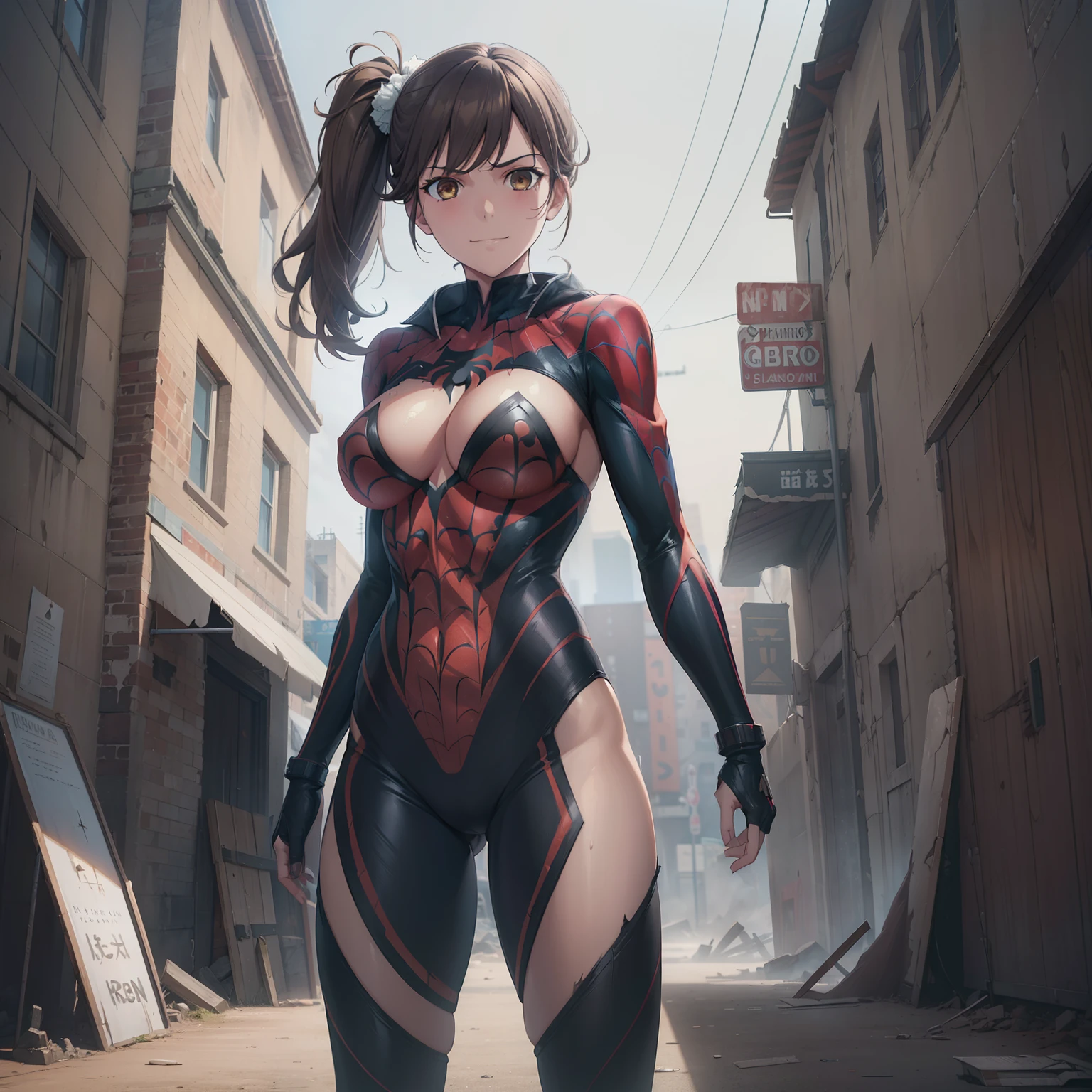 1girl,big breasts,standing in ruined city,(8k),scratches,detailed face,brown hair,brown eyes,long hair,embarassed,small smile face,high_res, high_definition,the battlefield,Heroic pose,dark suit,hair ornament,side ponytail,(symbiote spider man Custome:1.1),