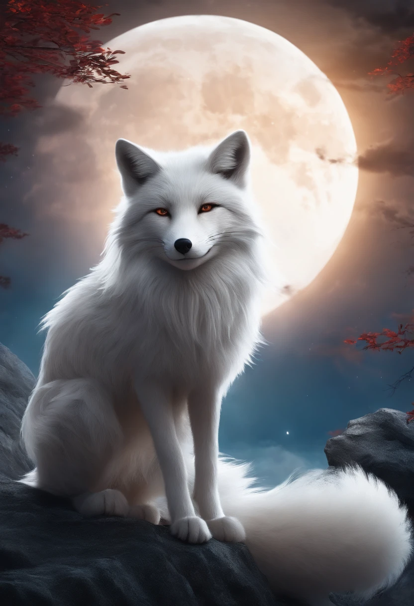Full-HD, Mythical spirit beasts,Silver fox,Giant nine-tailed fox,Moon and rice in the background