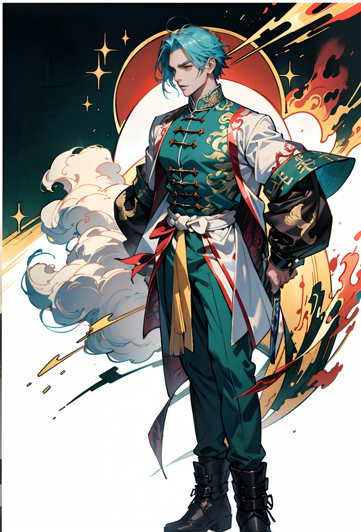 A young man with short aquamarine hair, sharp eyebrows, starry eyes, radiating a righteous aura, a two-piece fantasy wuxia-style outfit, featuring a traditional Chinese martial arts long gown, a wide overcoat, flowing sleeves, the color scheme is mainly red and white, with yellow as secondary colors, matching trousers, sturdy cloth boots, the background depicts a dreamy pattern of geometric symbols and stars, this character embodies a finely crafted fantasy-style Chinese martial hero in anime style, characterized by an exquisite and mature manga illustration art style, full body character drawing, high definition, best quality, highres, ultra-detailed, ultra-fine painting, extremely delicate, professional, anatomically correct, symmetrical face, extremely detailed eyes and face, high quality eyes, creativity, RAW photo, UHD, 8k, Natural light, cinematic lighting, masterpiece:1.5