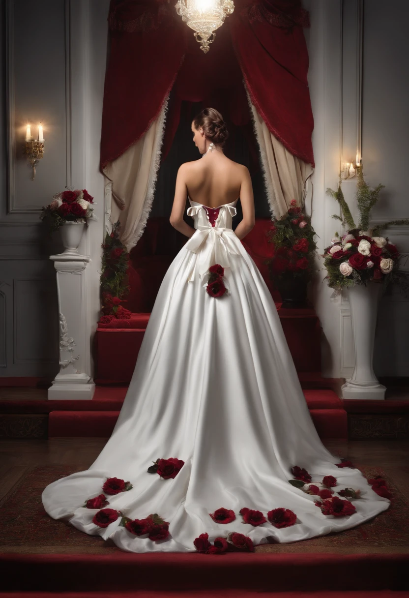 Mistress dresses her submissive in a whit gown with burgundy flower throughout. The submissive has his hair in high pigtails with ribbons to match the burgundy flowers on his dress. The dress is knee length easily showing the high heels locked at the ankles, the who views is highlighted by a spotlight. The submissive is shy, afraid, unsure.