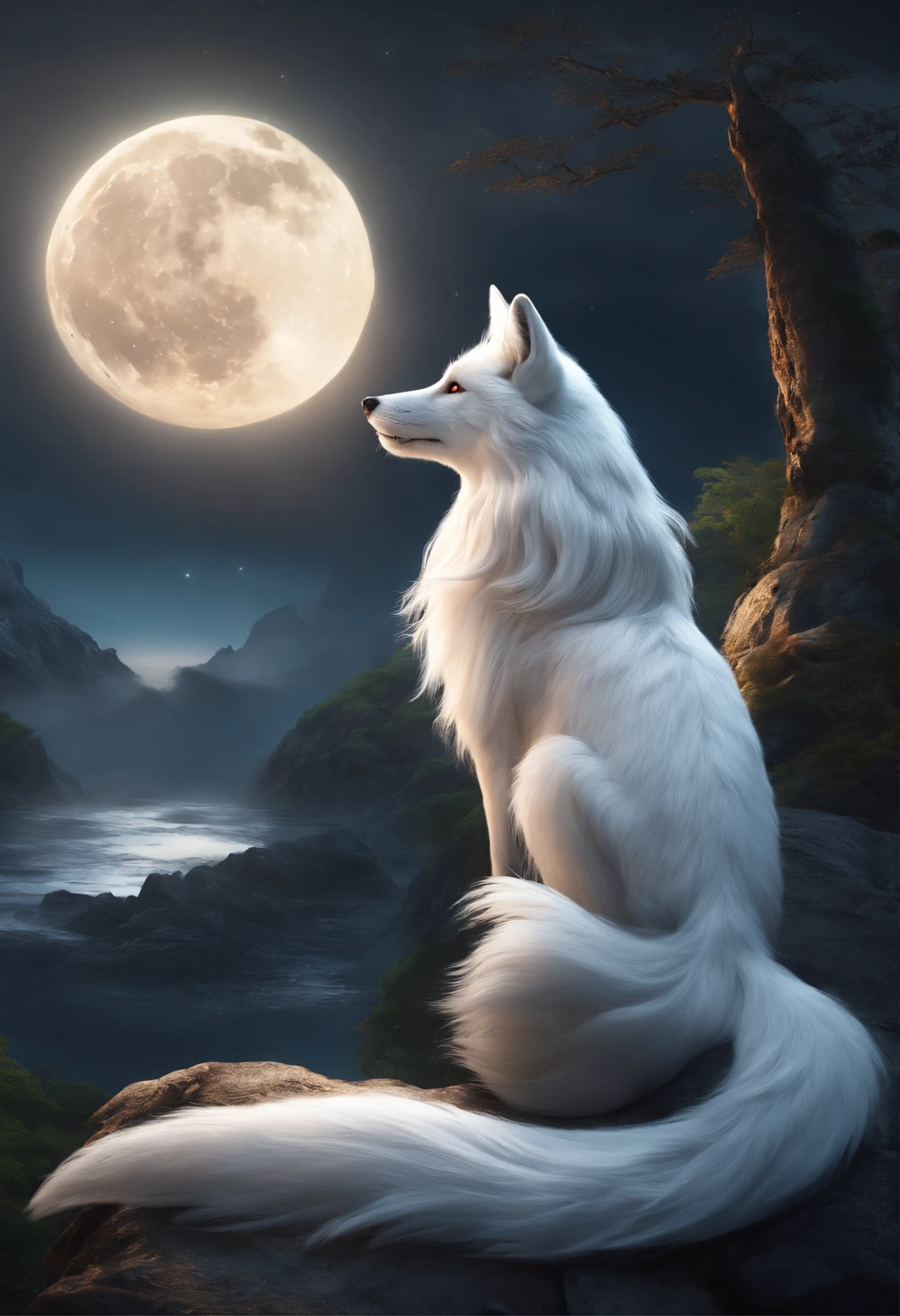 Full-HD, Mythical spirit beasts,Silver fox,Giant nine-tailed fox,Moon and rice in the background