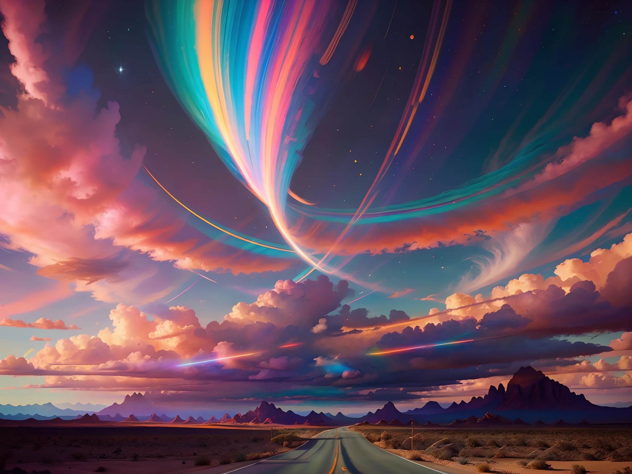 brightly colored lines of light streak across a road in a desert, colorful swirly magical clouds, 8k hd wallpaper digital art, colorful flat surreal ethereal, beautiful art uhd 4 k, vibrant digital painting, magical colors and atmosphere, digital artwork 4 k, color highway, 4k highly detailed digital art, colorful digital painting, digital art 4 k