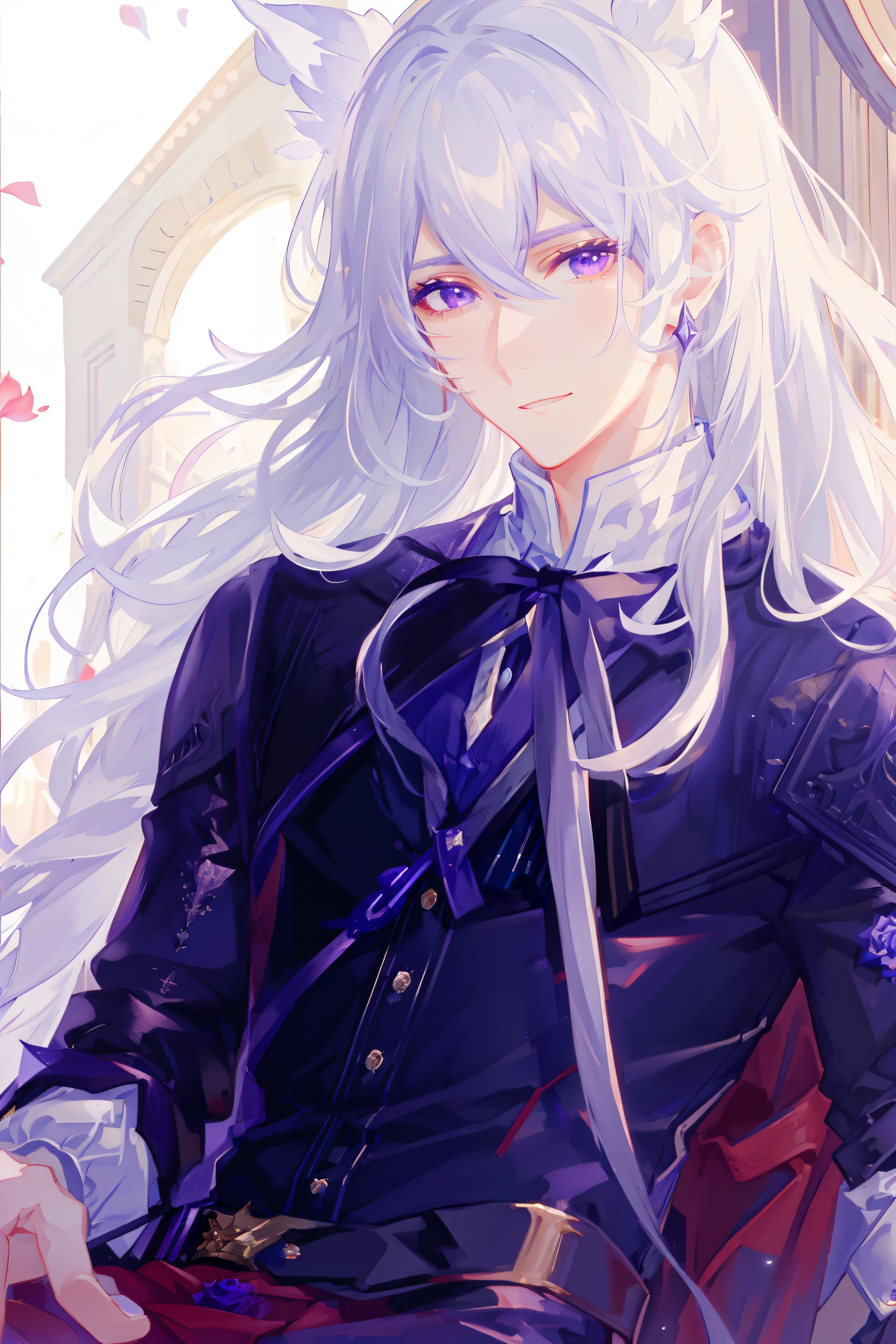 ​masterpiece、top-quality、hightquality、a closeup、outside of house、
1人, Adults,(Beautiful boys)), roses,ember,length hair,a purple eye, white  hair,jewely,Fantasia, ambient_light,A red rose