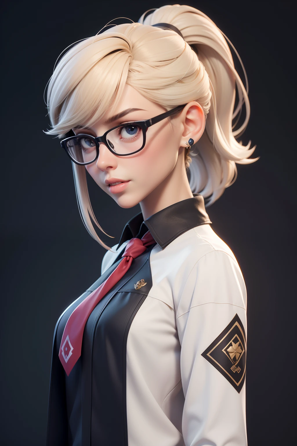 Tie a ponytail，wears glasses，light colored costume，tmasterpiece, best qualityer, 3D rip artwork, 3DMM style, Close-up, sportrait, hentail realism, Brakadnev, Looks to the side, white backgrounid, 黑The eye, short  hair & bangs, Split lips, Eye challenge,Light-colored tooling, Shirt details, watermarked.