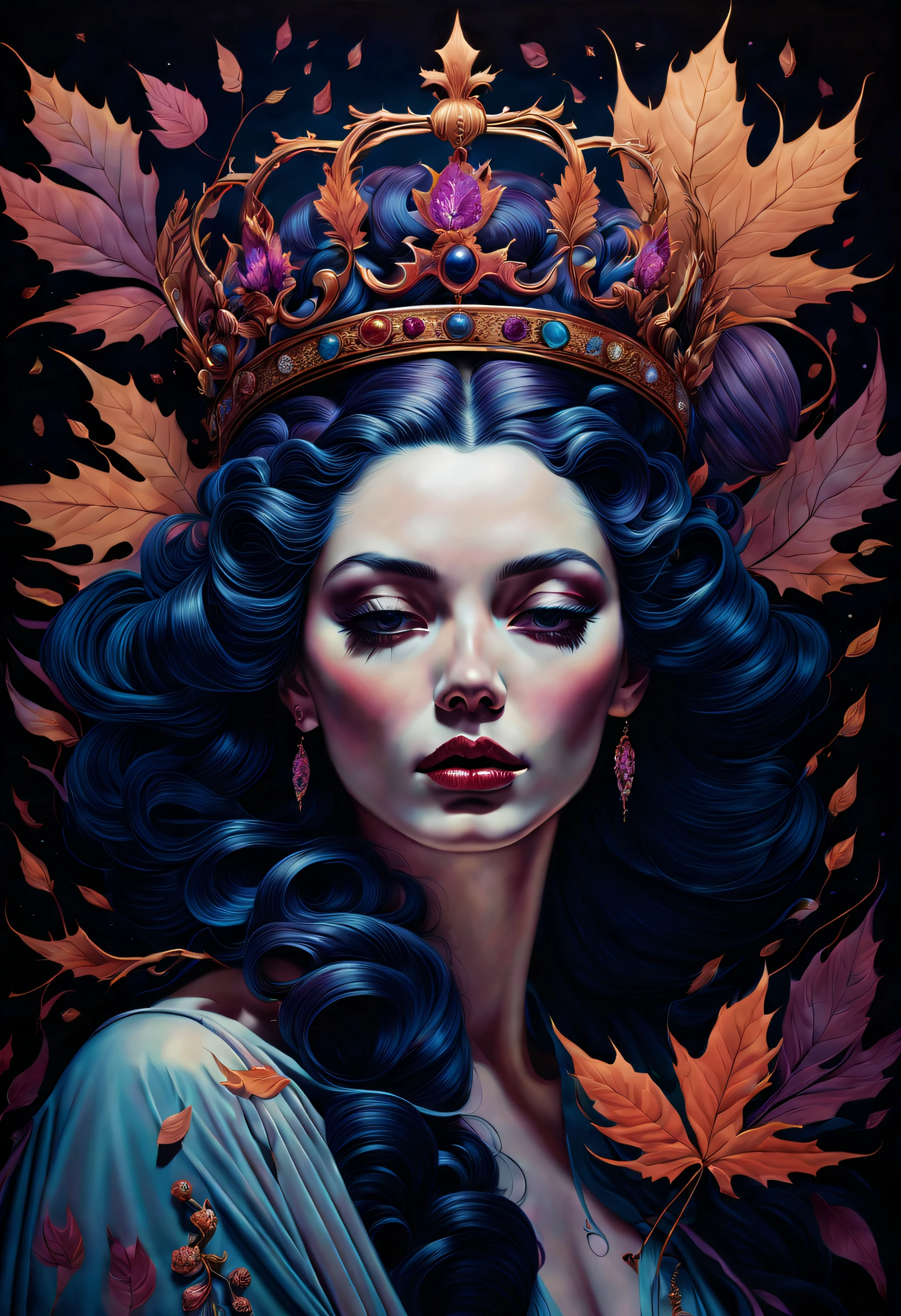 chiaroscuro technique on sensual illustration of an queen of wands, vintage queen, eerie, matte painting, by Hannah Dale, by Harumi Hironaka, extremely soft colors, hint of pastel, vibrant, highly detailed, digital artwork, high contrast, dramatic, refined, tonal, highest quality，anatomy correct，ultra-wide-angle，depth of fields,