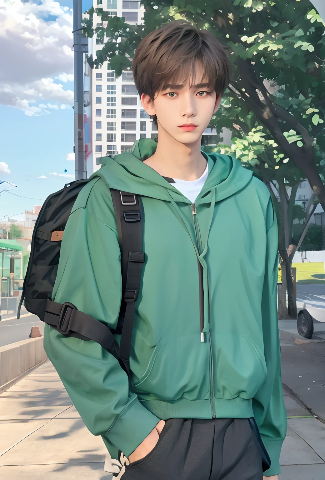 A boy in green hoodie with backpack on sidewalk