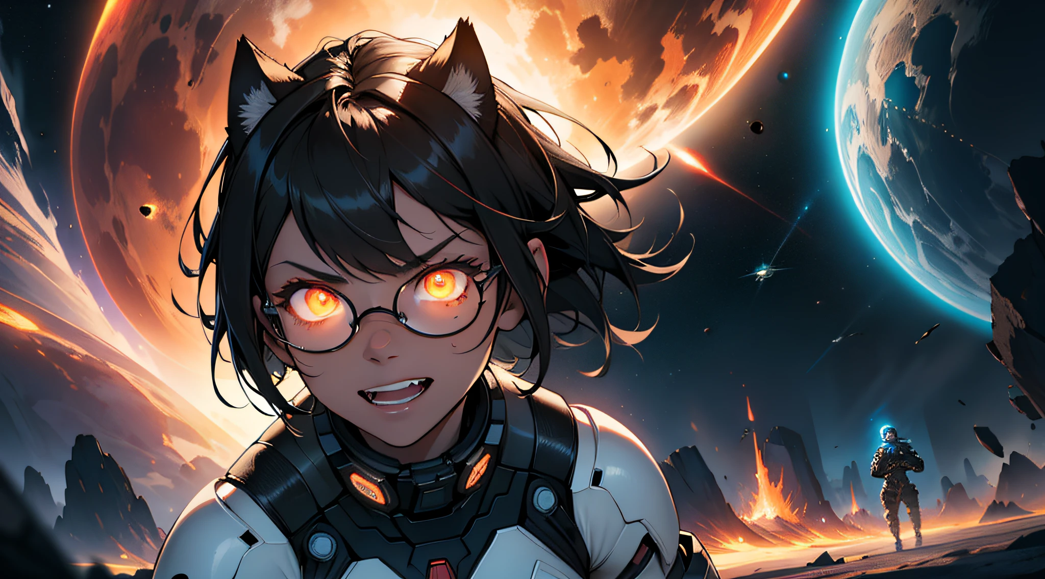 1girl, short black messy bob hair with glowing inside, bright glowing yellow eyes, Round glasses, light brown skin, petite body, wearing a glowing cyber armor attire, wearing glowing long white translucent pants, glowing, absurdres, high res, ultrasharp, 8k, masterpiece, looking away from camera, outer space, short sleeve, planet, nebula, bangs, flat chest, whiskers, androgynous, long nails, glowing outfit, transcending, power emanating from her, lightning, glowing aura around her, glowing tattoos on the face, yandere, red lightning, angry expression, gravitational lensing, glowing cat ears, glowing face painting, planet collision, glowing body lines, smiling manically, Black hole from the movie interstellar, space debris, neutron star, battle scars, blood, war veteran, gaping wounds,battle ready pose, fists balled up, Spaceships on fire in the background, halo spartan armor