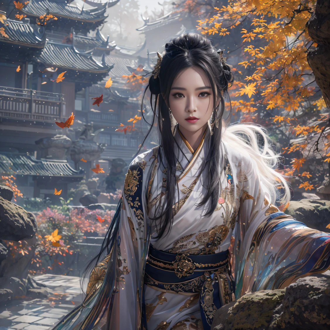 32K（tmasterpiece，k hd，hyper HD，16k）Flowing short hair，Backroom pond，zydink， a color，  Asian people （A unicorn）， （Silk scarf）， Combat posture， looking at viewert， Glossy black floating hair， Hanfu， Chinese clothes， longer sleeves， （abstract ink splash：1.2）， white backgrounid，Horse unicorn beast（realisticlying：1.4），Fallen leaves flutter，The background is pure， A high resolution， the detail， RAW photogr， Sharp Re， Nikon D850 Film Stock Photo by Jefferies Lee 4 Kodak Portra 400 Camera F1.6 shots, Rich colors, ultra-realistic vivid textures, Dramatic lighting, Unreal Engine Art Station Trend, cinestir 800，