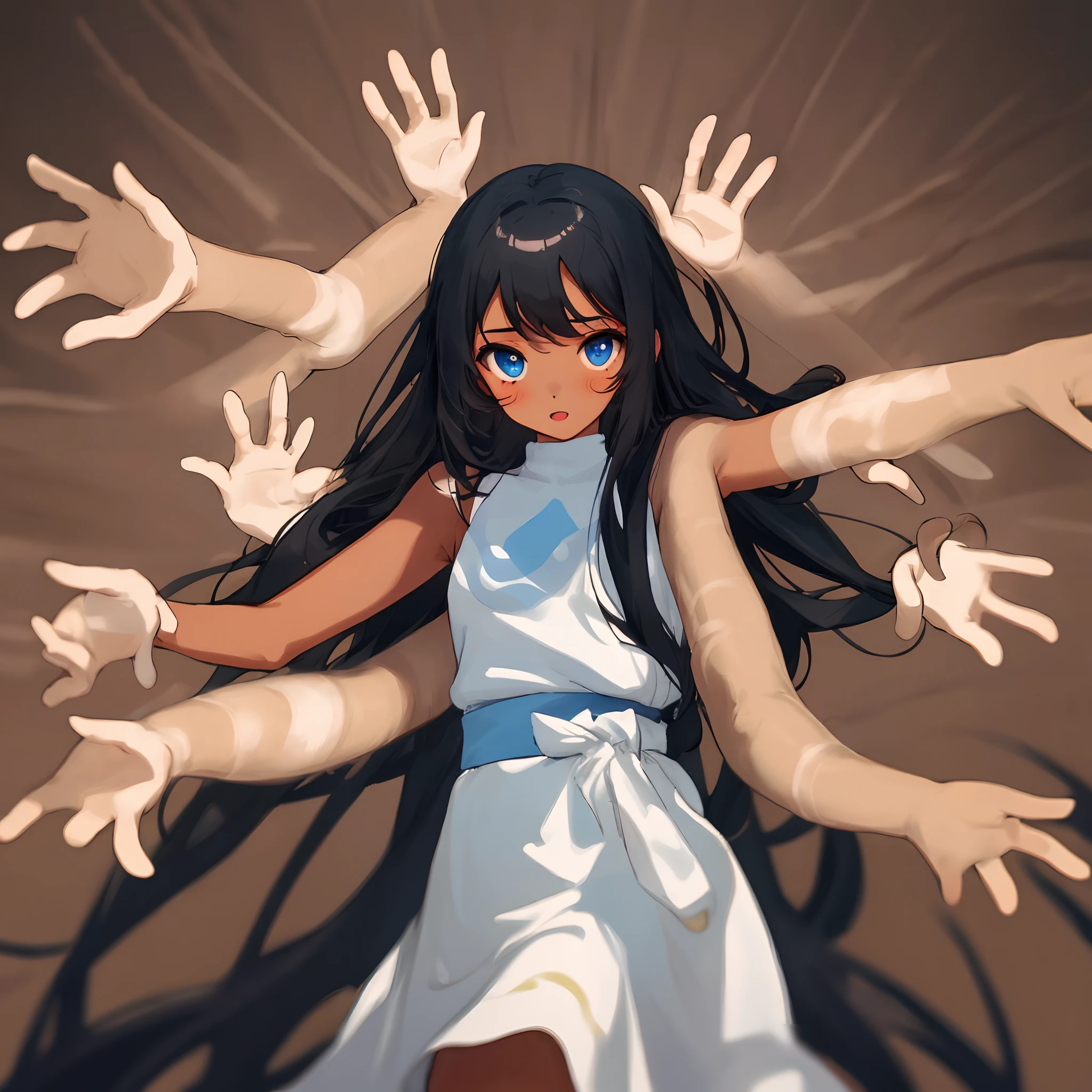 girl with long black hair tan skin blue eyes and multiple arms