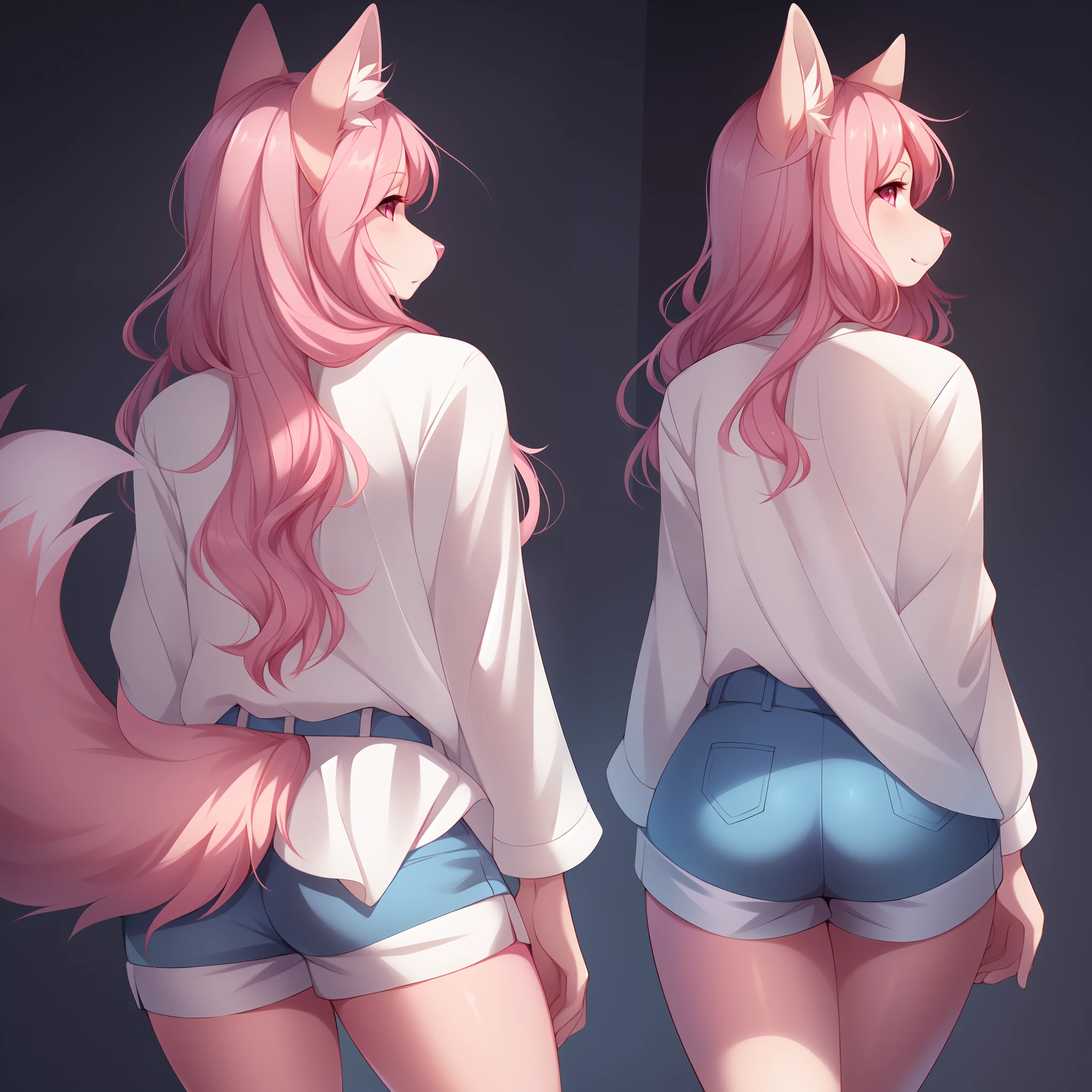 (Obra de arte) (alto detalhe) (high resolution) A short 12 year old humanoid girl with pale human skin, olhos brilhantes de cor turquesa, long pink hair in a braid and big fluffy pink dog ears and a big fluffy pink dog tail and small breasts and big naked ass, and showing your tongue. cabelo rosa. Cauda Rosa.