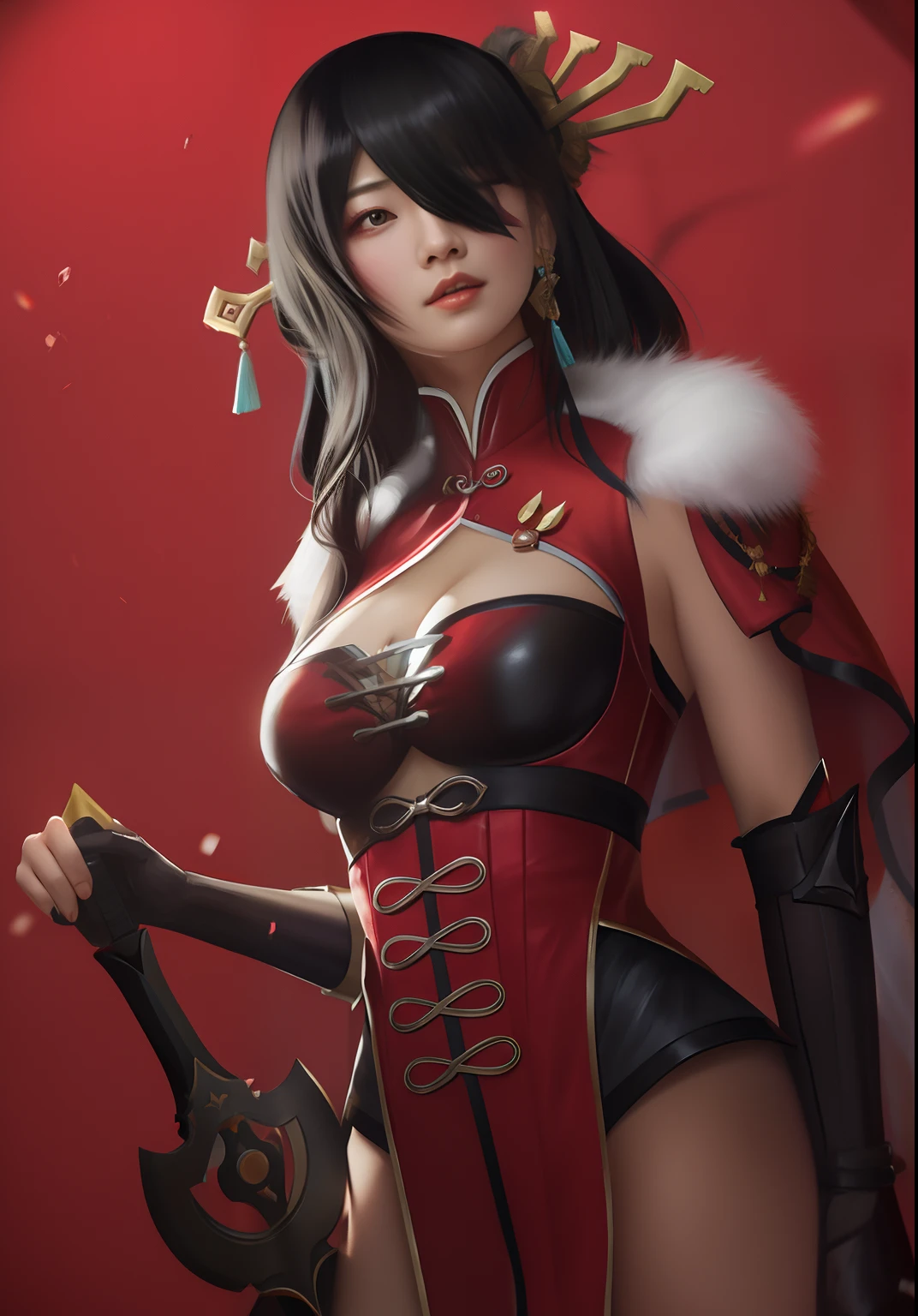there is a woman in a corset and a sword, by Yang J, inspired by Wang Meng, by Russell Dongjun Lu, by Leng Mei, trending on cgstation, inspired by Pu Hua, inspired by Wu Bin, full body xianxia, ruan jia and artgerm, inspired by Du Qiong, inspired by Feng Zhu, inspired by Ju Lian