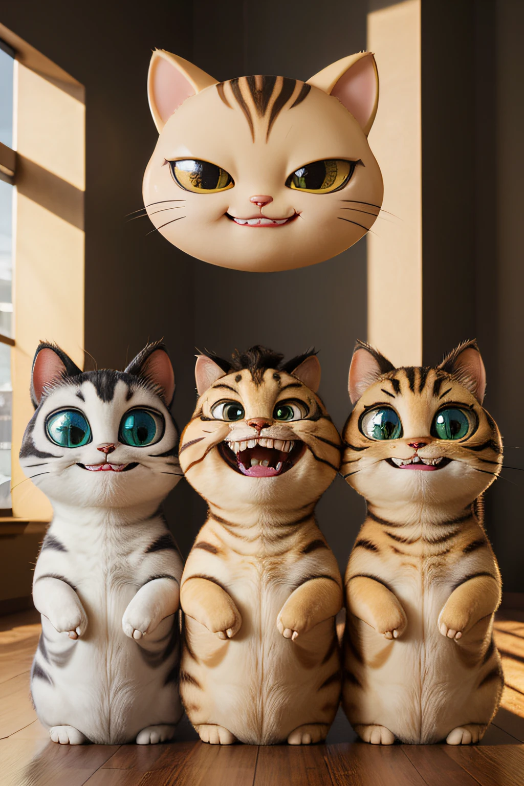 (Masterpiece, Best quality), 1 cat, largeeyes,with a big head,Cartoony, grin face,Three-dimensional style, Flattened cute version, adolable, ,freshen,Corporate animation,IP image,youthfulenergy,rays of sunshine,3Drenderingof,