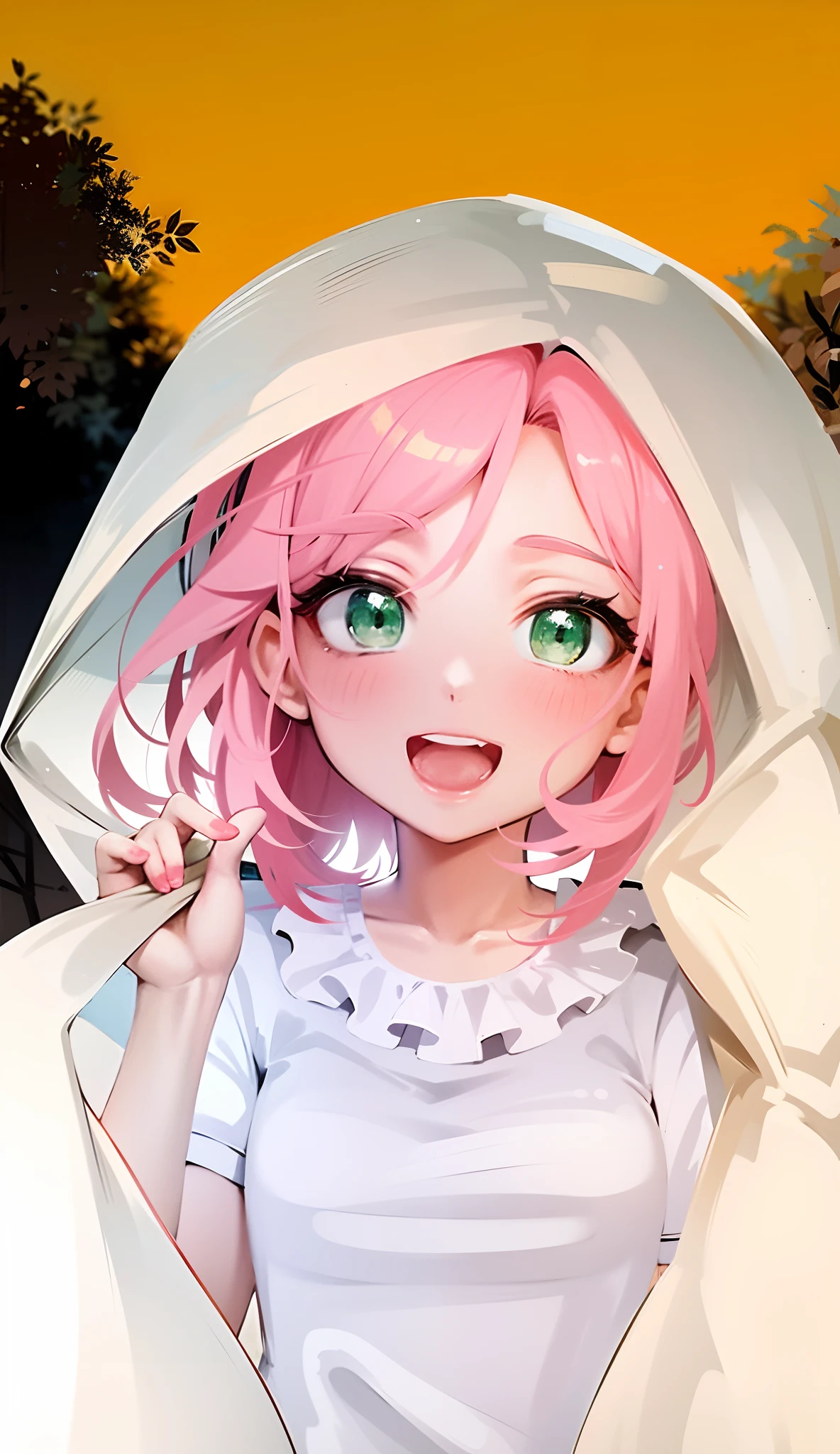 Menina anime com cabelo rosa e olhos verdes no vestido branco, haruno sakura, sakura haruno, Sakura Haruno no modo Slug Sage, [[[[sorrindo malvado]]]], Demon Slayer rui fanart, visual anime de uma menina bonito, Shirabii, em estilo anime, em estilo anime, Neferpitou, com cabelo rosa, garota de cabelo rosa, art 8K, desenho detalhado, olhos verdes, ceu com nuvens e pasaros