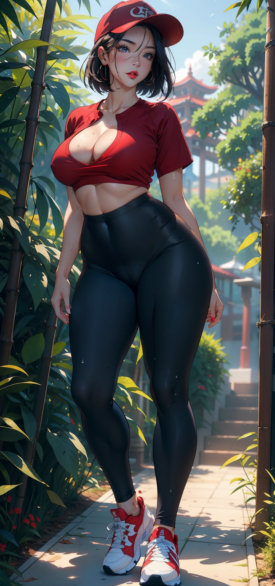 1female,36 years old,熟妇,mature,Bigchest,Big breasts Thin waist,long leges,Raised sexy,Pornographic exposure, 独奏,(Background with:bamboo forrest,clubs) She has very short black hair,standing on your feet,Sweat profusely,drenched all over the body,seen from the front, hair straight, mostly cloudy sky,(((tmasterpiece),(Very detailed CG unity 8K wallpaper),best qualtiy,cinmatic lighting,detailed back ground,beatiful detailed eyes,Bright pupils,(Very fine and beautiful),(Beautiful and detailed eye description),Black eyes,Redlip,ultra - detailed,tmasterpiece,)),facing at camera,(The upper part of the body),A high resolution,ultra - detailed),revealing breasts,Bare genitalia, Bulge,legs are open,sexyposture,Camel toes,Flushed complexion,Open-mouthed,frontage,(Wearing:baseball cap,Red baseball shirt,black colored leggings,athletic sneakers),Full body photo,Show shoes