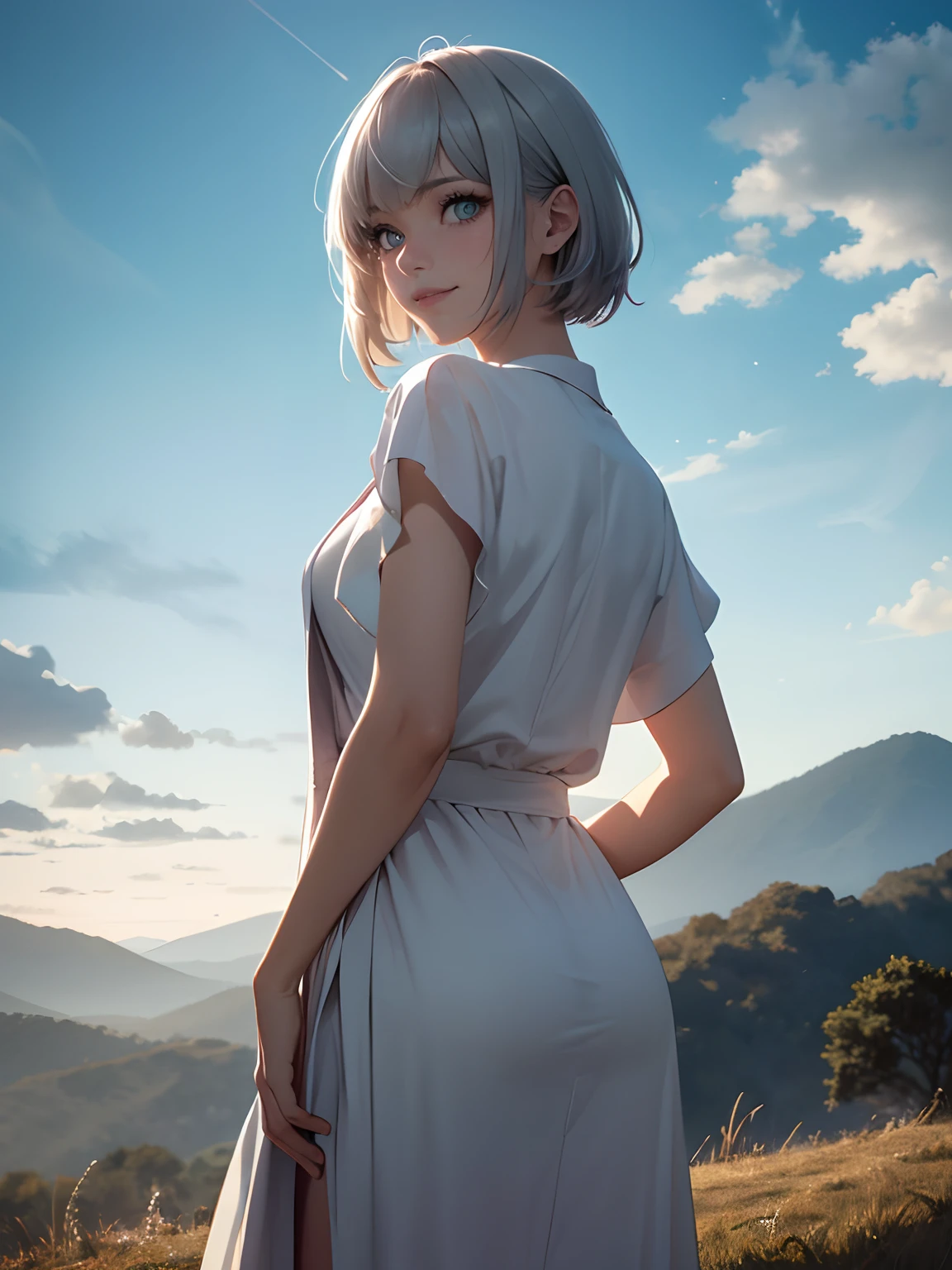 (ultra-realistic, highres, best quality, 4k, professional, cowboy shot), an illustration in Full HD that showcases a 21-year-old girl's cool style, beauty eyes, sharp eyes. Her Asymmetric Pixie hairstyle, silver hair, short hair, and left-facing bangs with red highlights make her stand out, Hands behind your back, hide your hands behind your back. Smile, She's dressed fashioned robe dress, green mountain, beauty sky, in the night, exuding confidence and individuality.