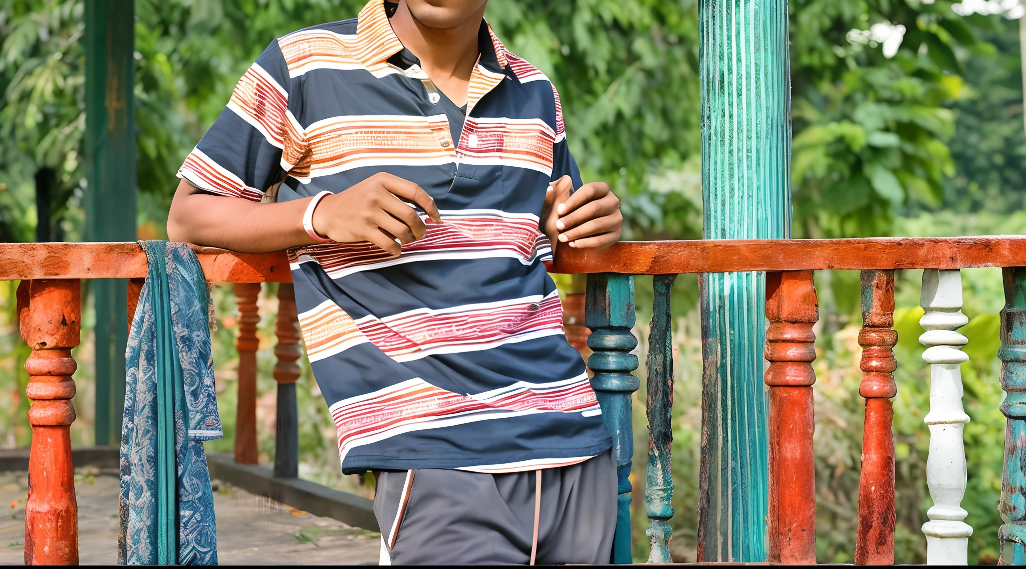 there is a man standing on a porch with a straw roof, at a park, jayison devadas, in a park, assamese, candid picture, very artistic pose, around 1 9 years old, jayison devadas style, taken in zoo, with accurate face, in garden, photo taken with canon 5d, with lovely look, put shoes on my foot.