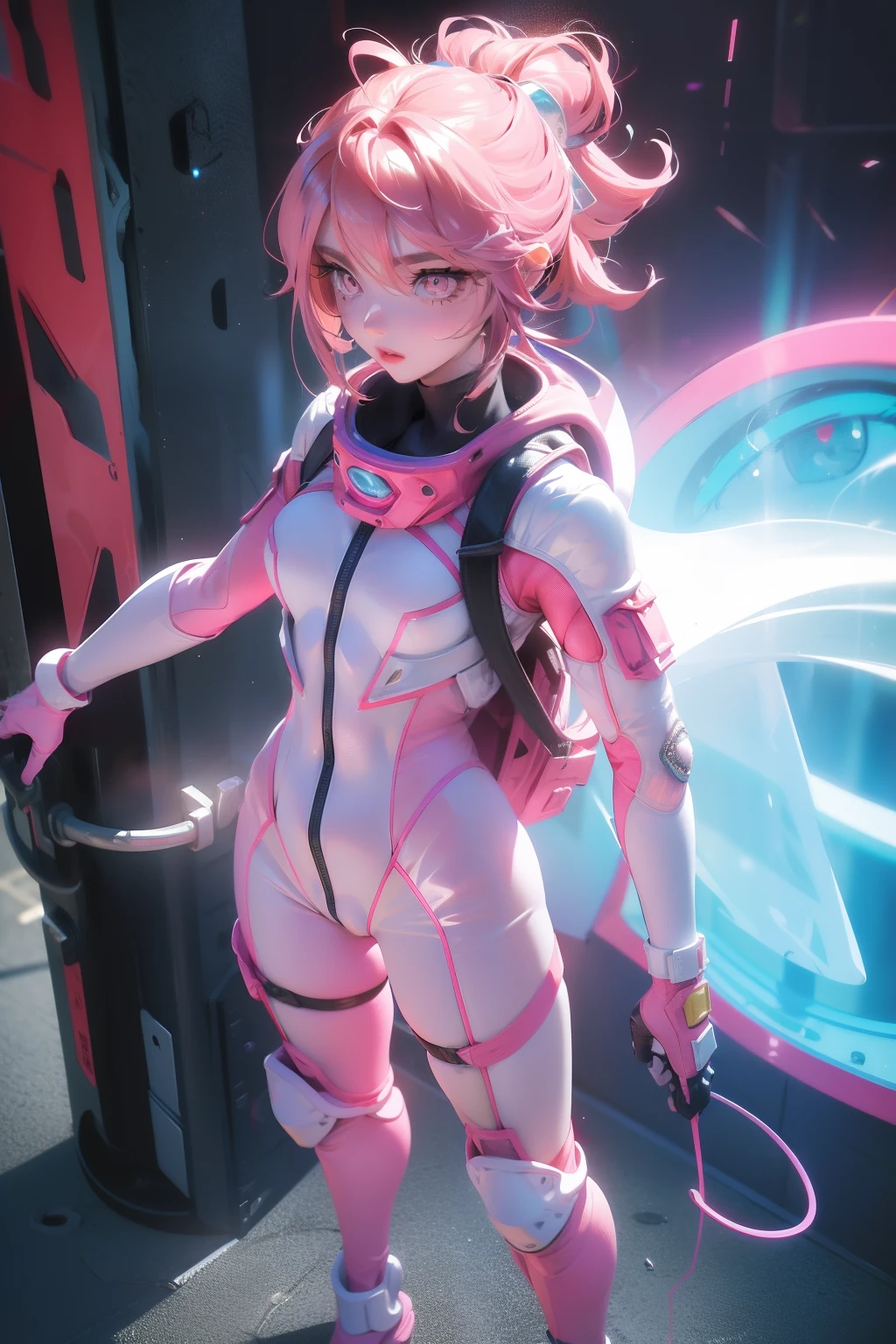 (tmasterpiece:1.3),(best qualtiy:1.3),。.3D,8K,.1girll,独奏,Pink hair,Pink eyes,shelmet,full bodyesbian,Spacesuit,tightsuit,mitts,standing on your feet,Q version