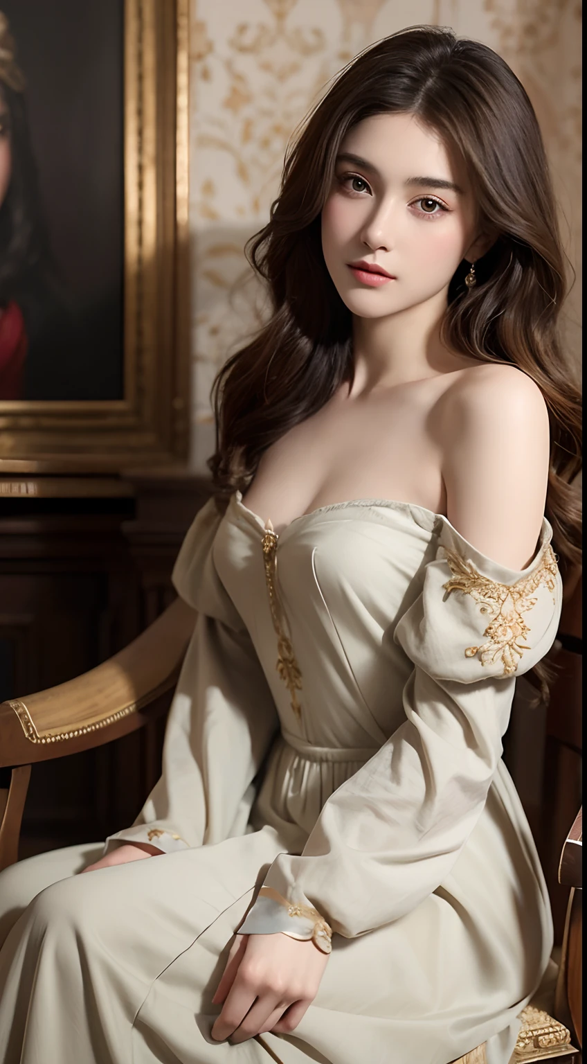 Medieval European painting、Women of the Belle Époque、1girl in、A beautiful teenage girl with、very small chest、Short wavy brown hair、portraitures、an oil painting、Modern and realistic proportions、Intricate and intricate details、foco nítido