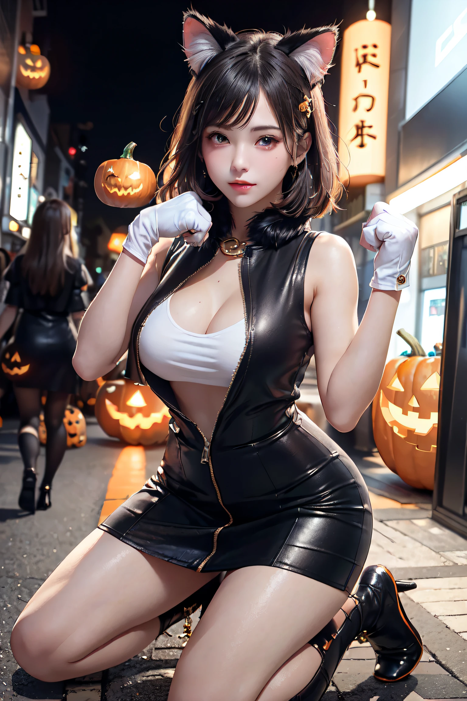 masterpiece, top-quality, top-quality, Beautifully Aesthetic:1.2, 1girl, party night, ((Wearing a high-quality sleeveless side-cutout zip shirt, gloves of cat, cat ear, fur miniskirt)), high detailed, ((zips Full opened:1.5)), 
BREAK 
(kneeling with paw pose:1.3), large breasts, firm breast, nicely shaped breasts, slender figure, 
((Dark Brown Hair)), wavy hair, ((short hair:1.2)), 
((in A modern street of decorated for Halloween in Shibuya at late night:1.2)), (Upper body shot:1.1), (From below), (Focus on face:1.1), ((looking at viewer:1.2)),