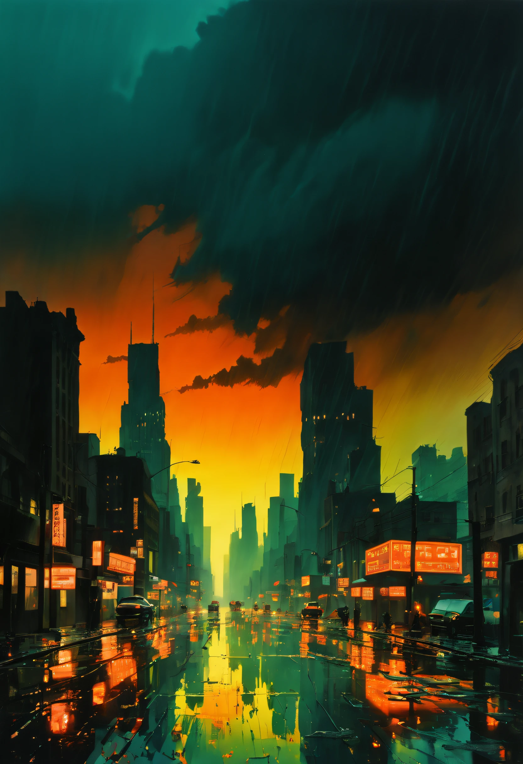 acid rain cityscape at dusk in the style of Ernst Haas