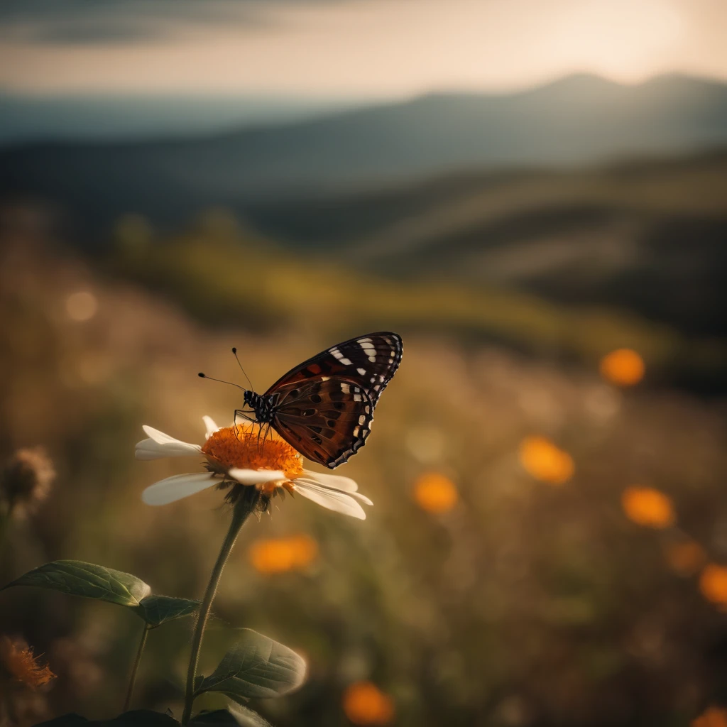 an butterfly stands on a hill with a beautiful flower