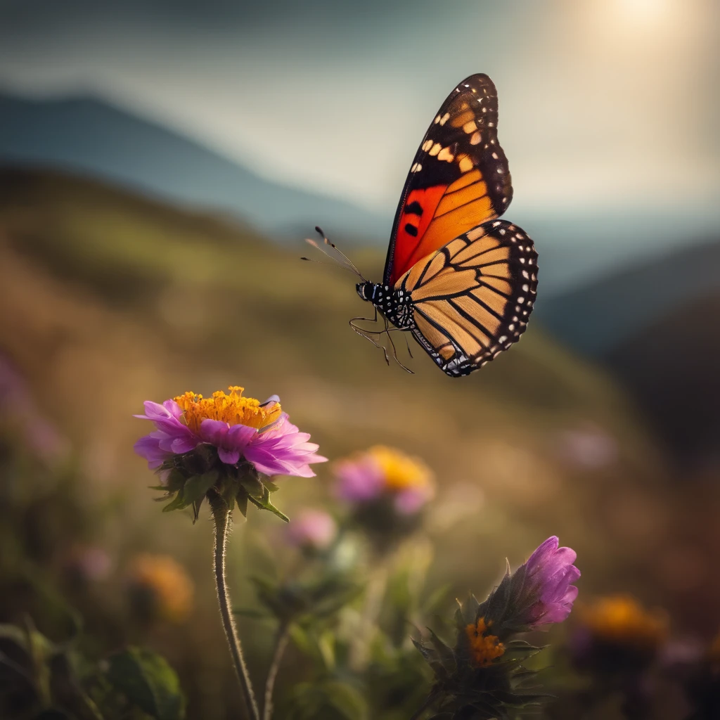 an butterfly stands on a hill with a beautiful flower