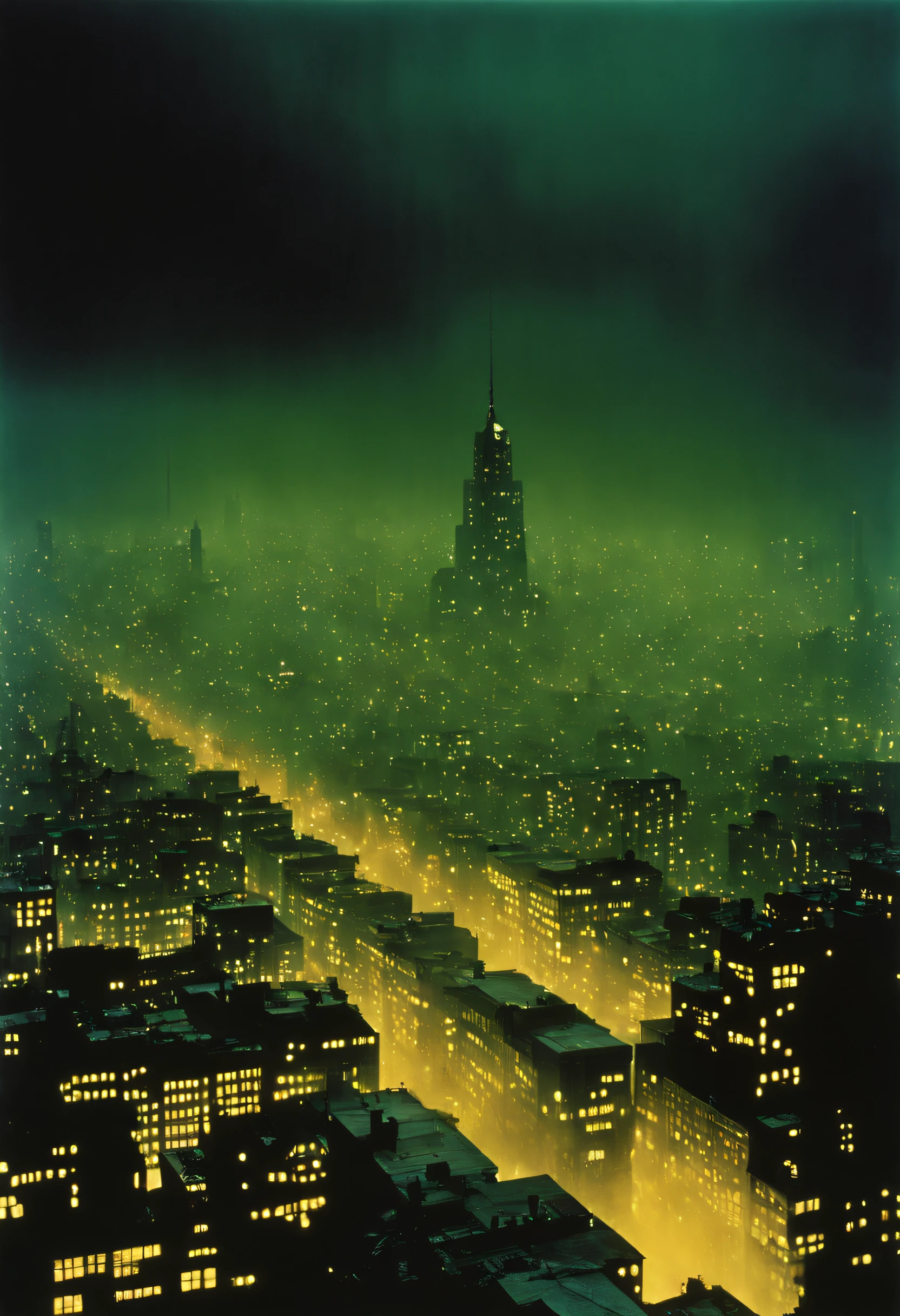 Acid rain cityscape at dusk，Ernst Haas（Ernst Haas）style of